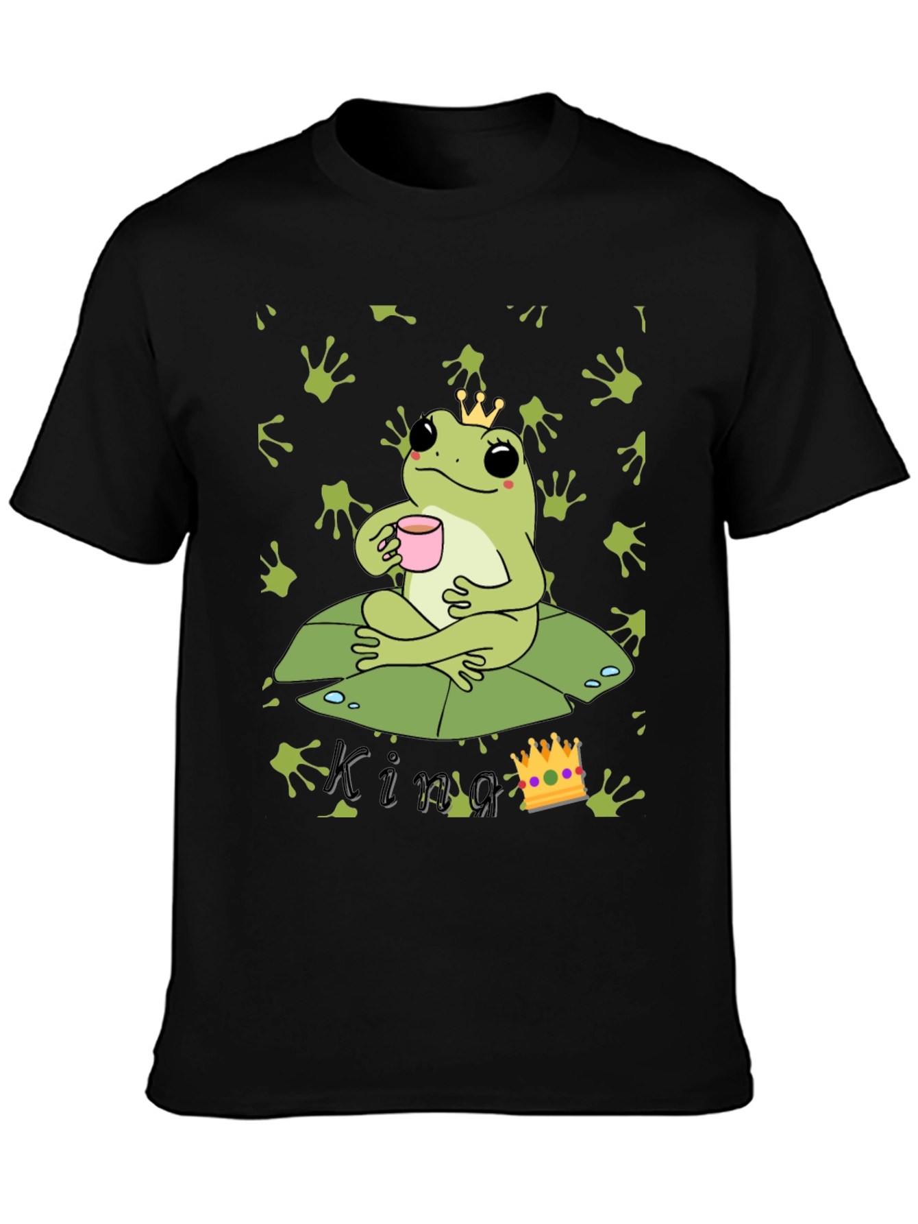 Black Frog King T-Shirt - Cute Frog with Crown Drinking Tea view 3