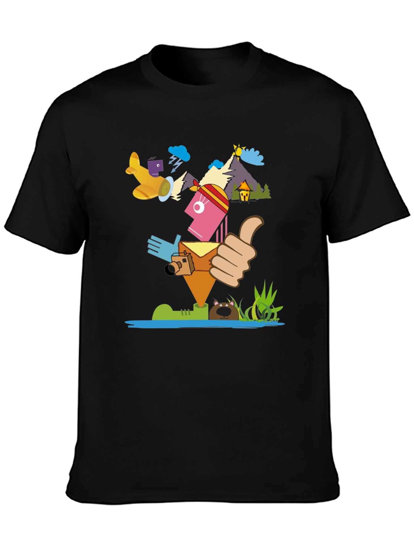 Black Funky Graphic Print Tee - Travel Adventure Theme view 3