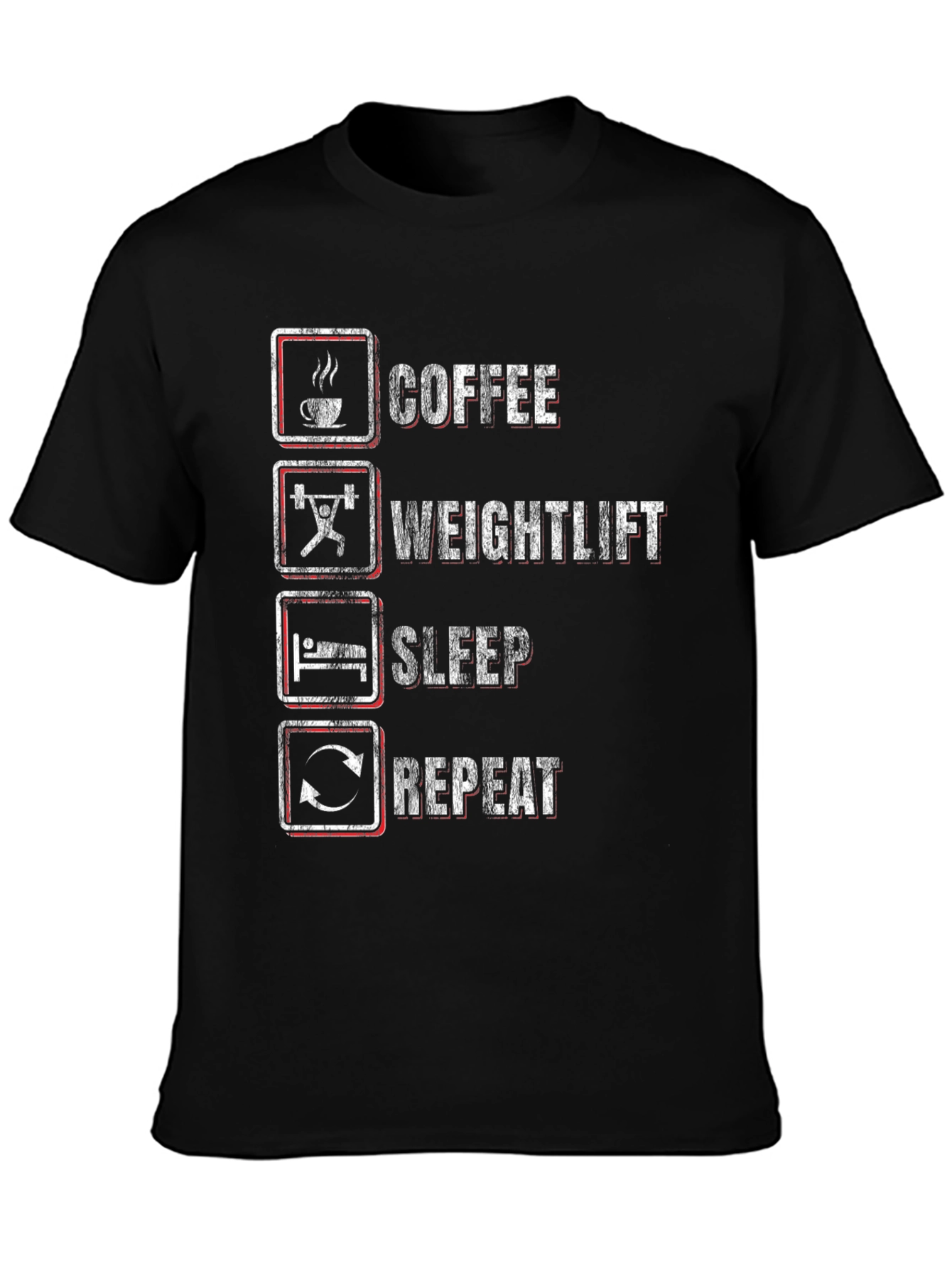 Black Coffee, Weightlift, Sleep, Repeat Black T-Shirt view 3
