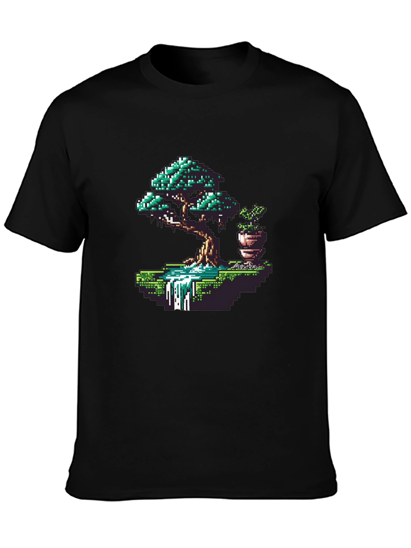 Black Pixel Art Bonsai Tree Graphic Tee view 3