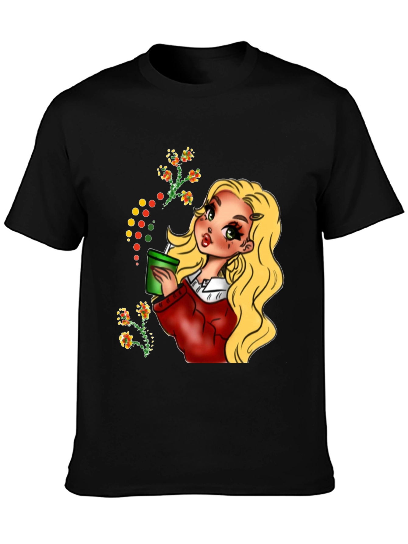 Black Blonde Cartoon Girl Black T-Shirt view 3