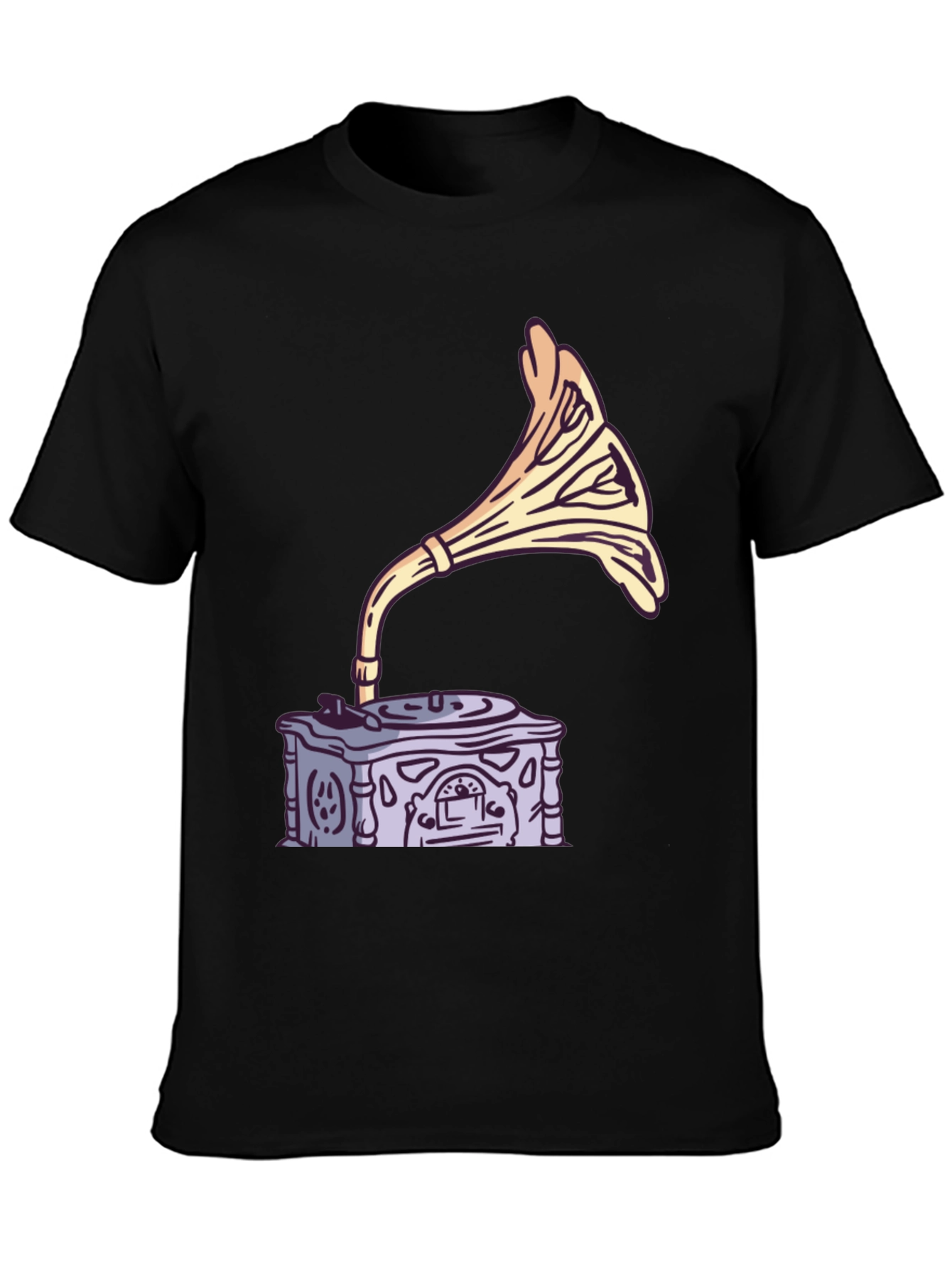 Black Vintage Gramophone Graphic Tee - Retro Music Lover Shirt view 3