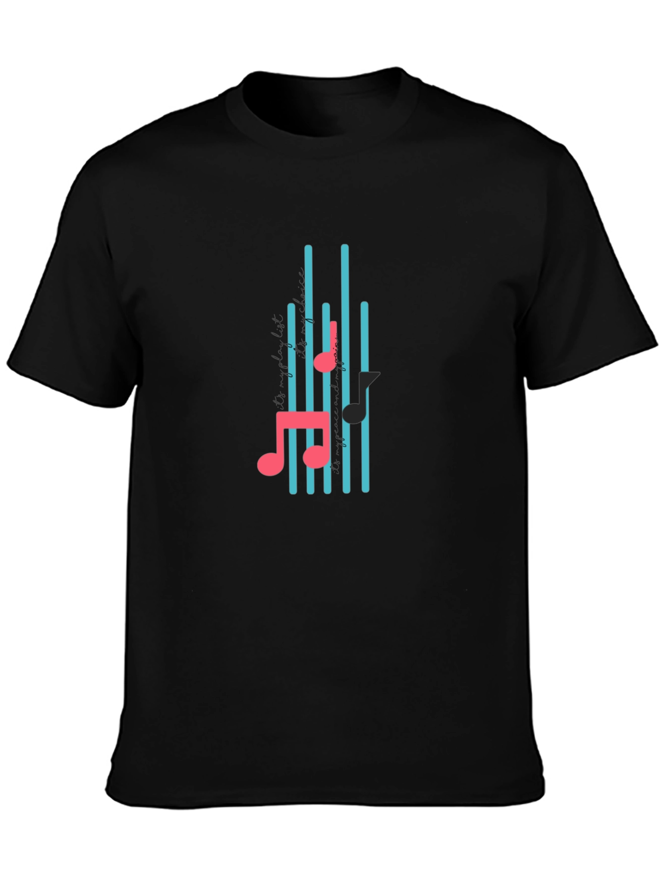 Black Black T-Shirt with Musical Notes Design view 3