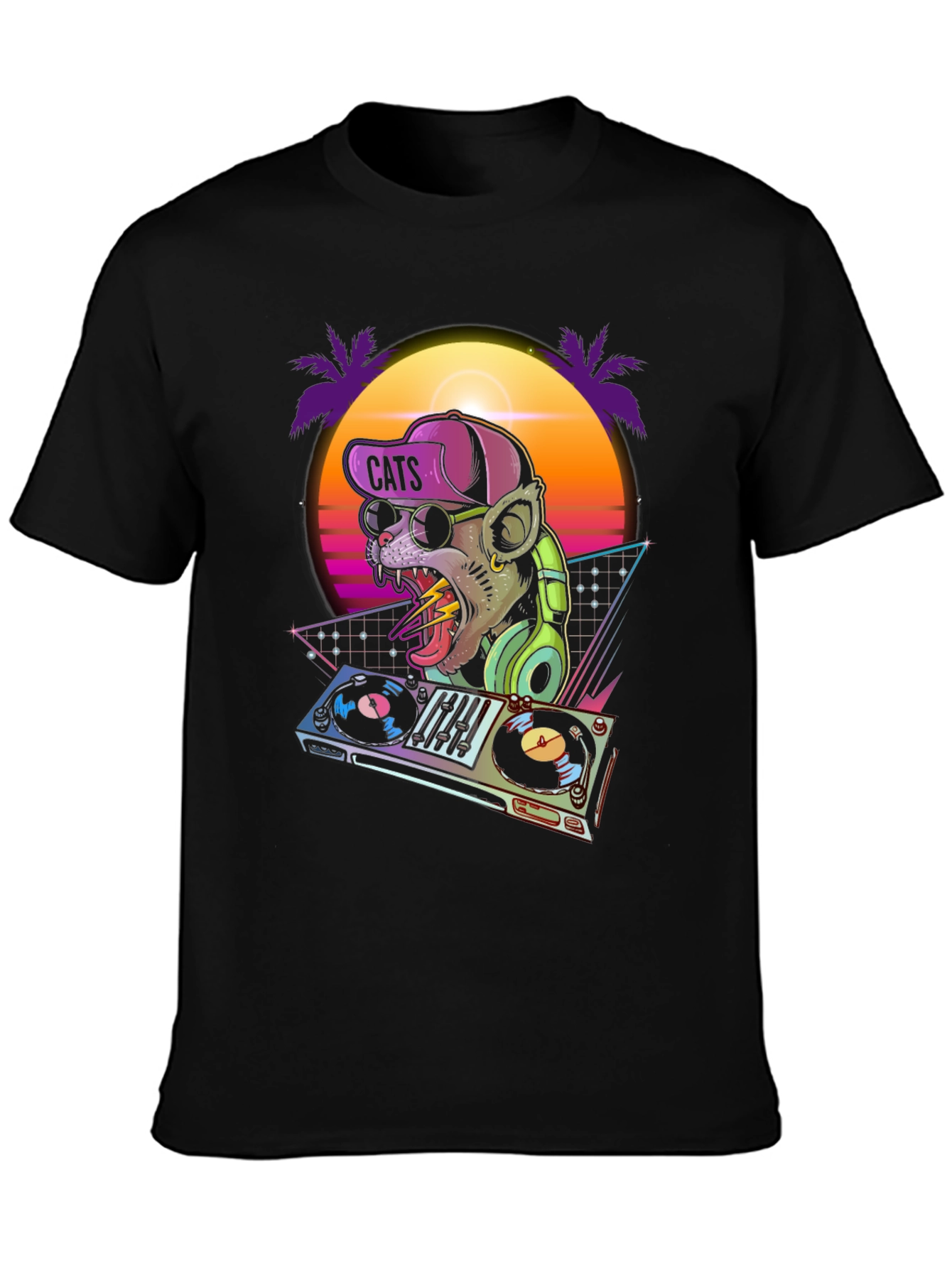Black DJ Cat Graphic T-Shirt - Retro Style view 3