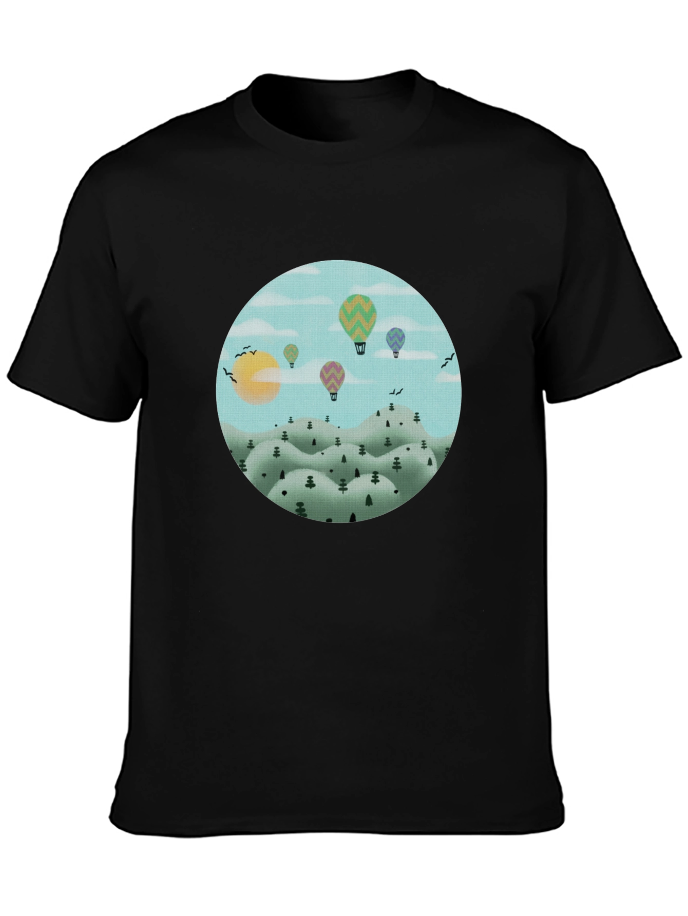 Black Hot Air Balloon Landscape Graphic Tee - Black Cotton view 3