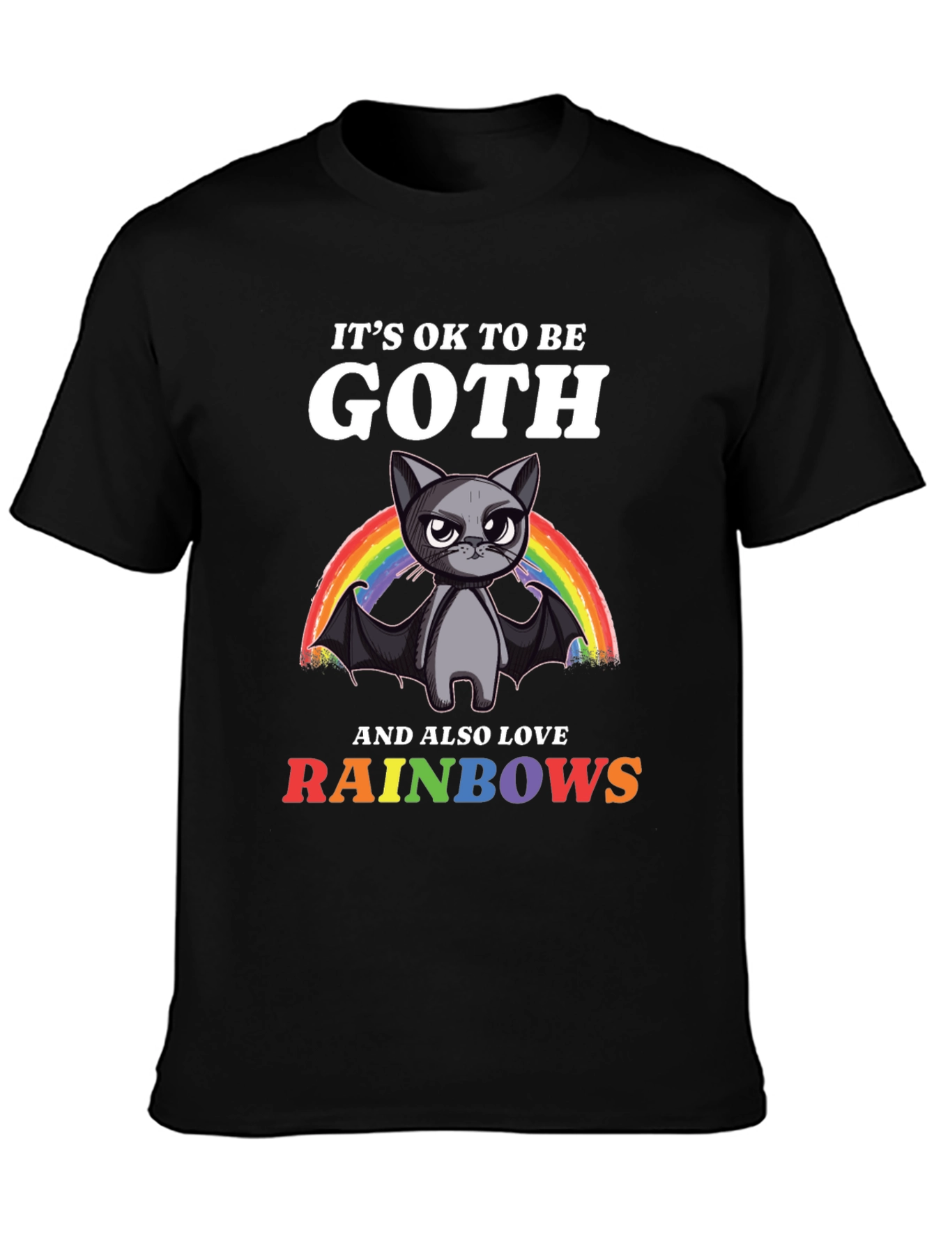 Black Goth Cat Rainbow T-Shirt view 3