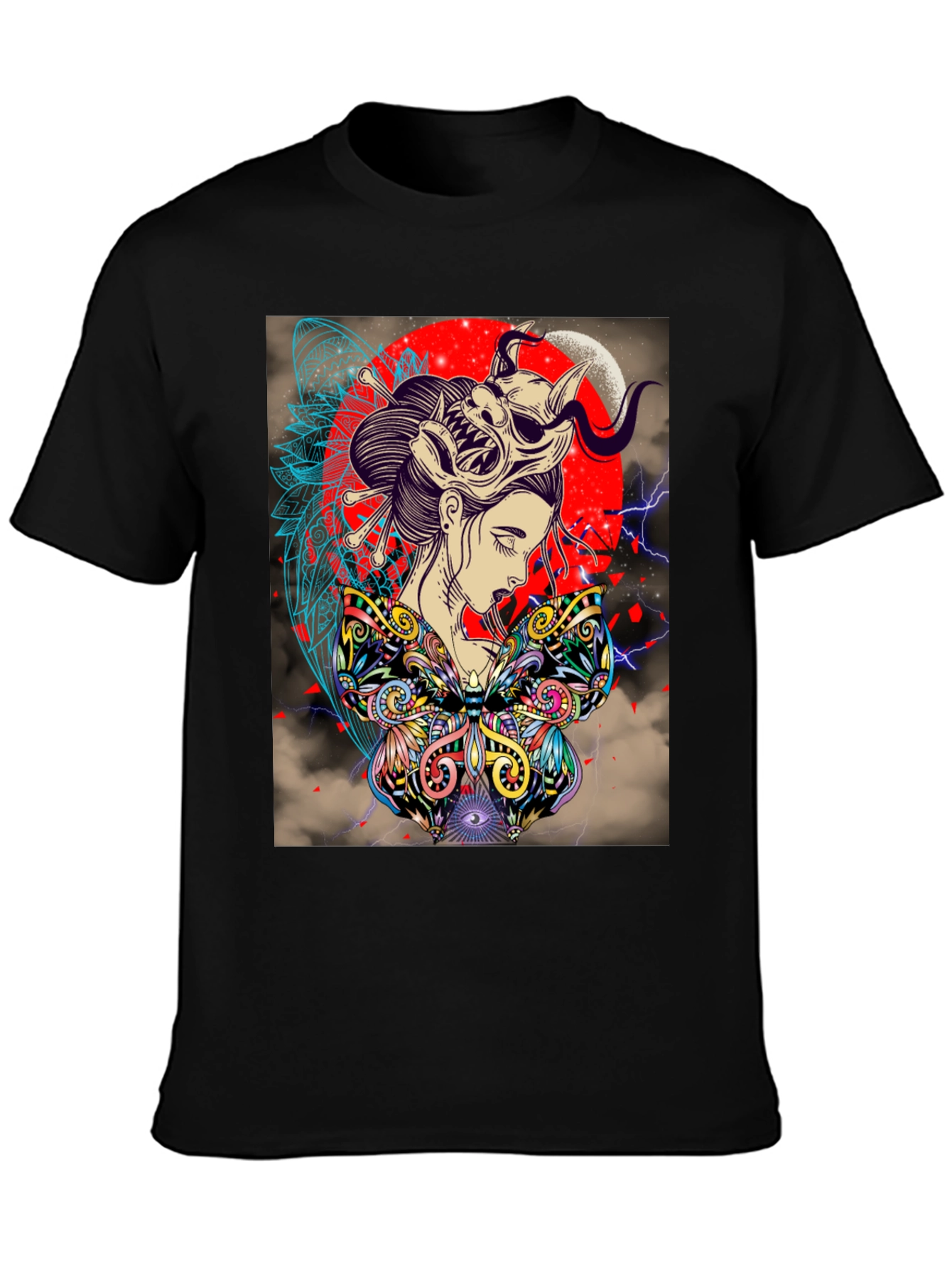 Black Geisha Mask Graphic Print Black T-Shirt view 3