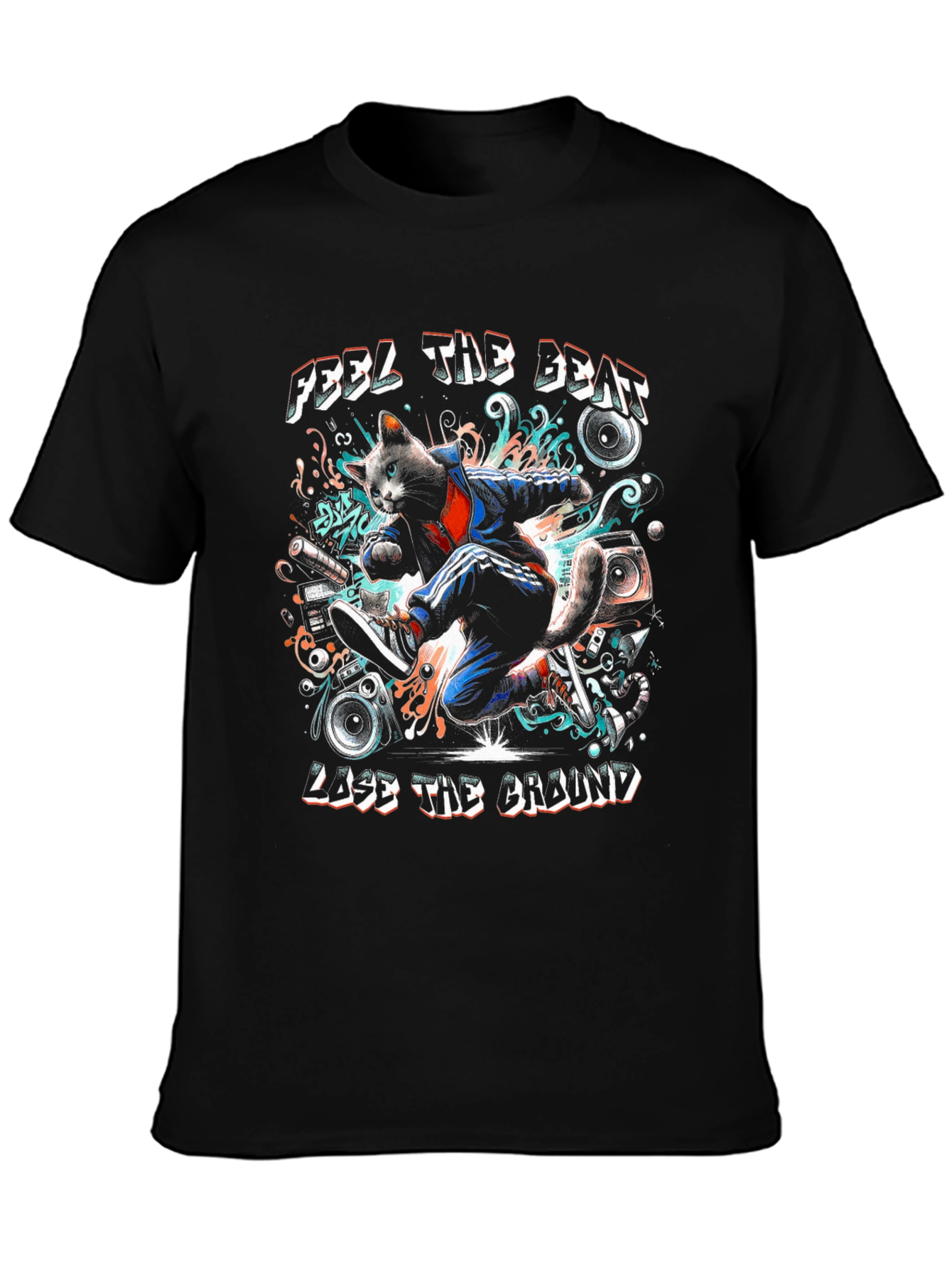 Black Feel the Beat Cat T-Shirt view 3