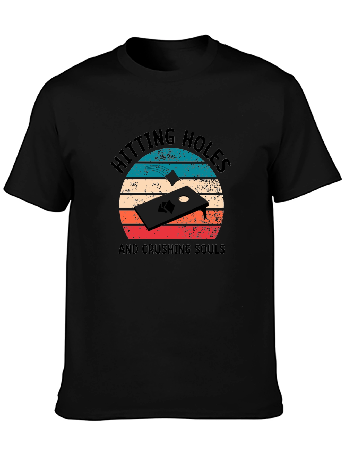 Black Hitting Holes Cornhole T-Shirt view 3