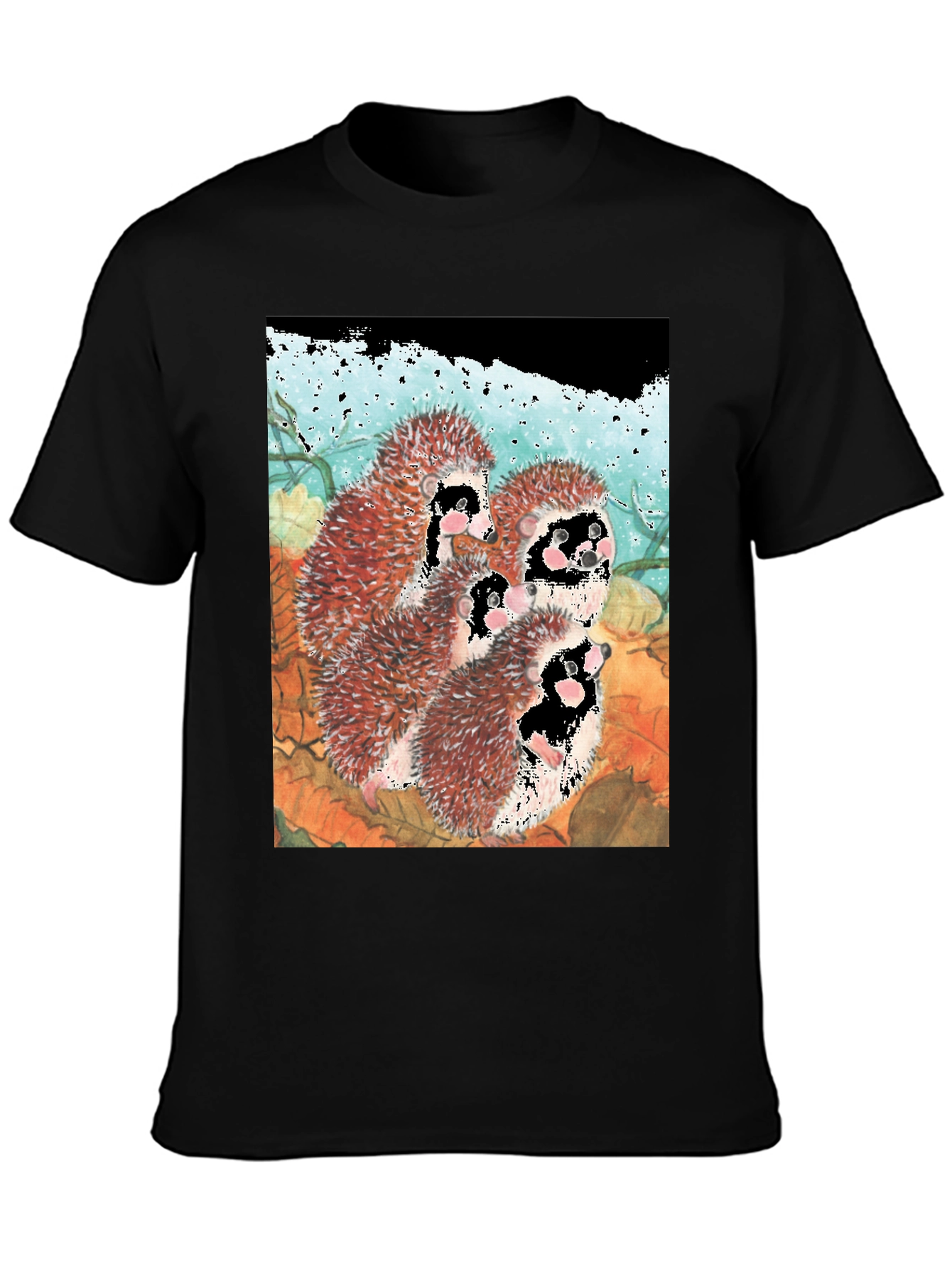 Black Hedgehog Family T-Shirt - Black Cotton Tee view 3
