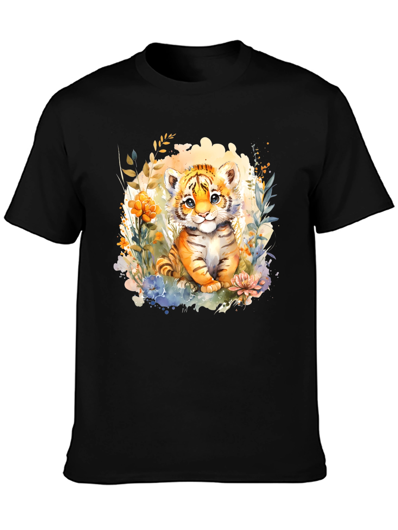 Black Cute Tiger Cub Floral Graphic T-Shirt view 3