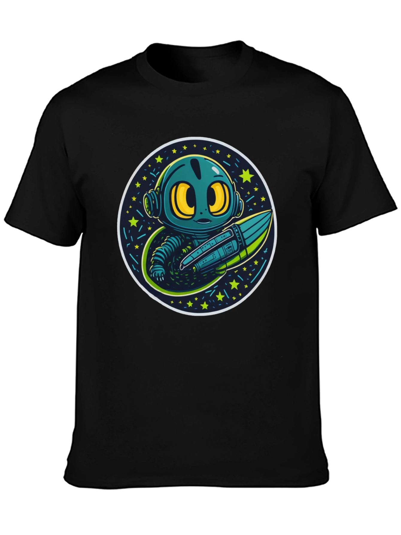 Black Cartoon Alien Rocket Black T-Shirt view 3