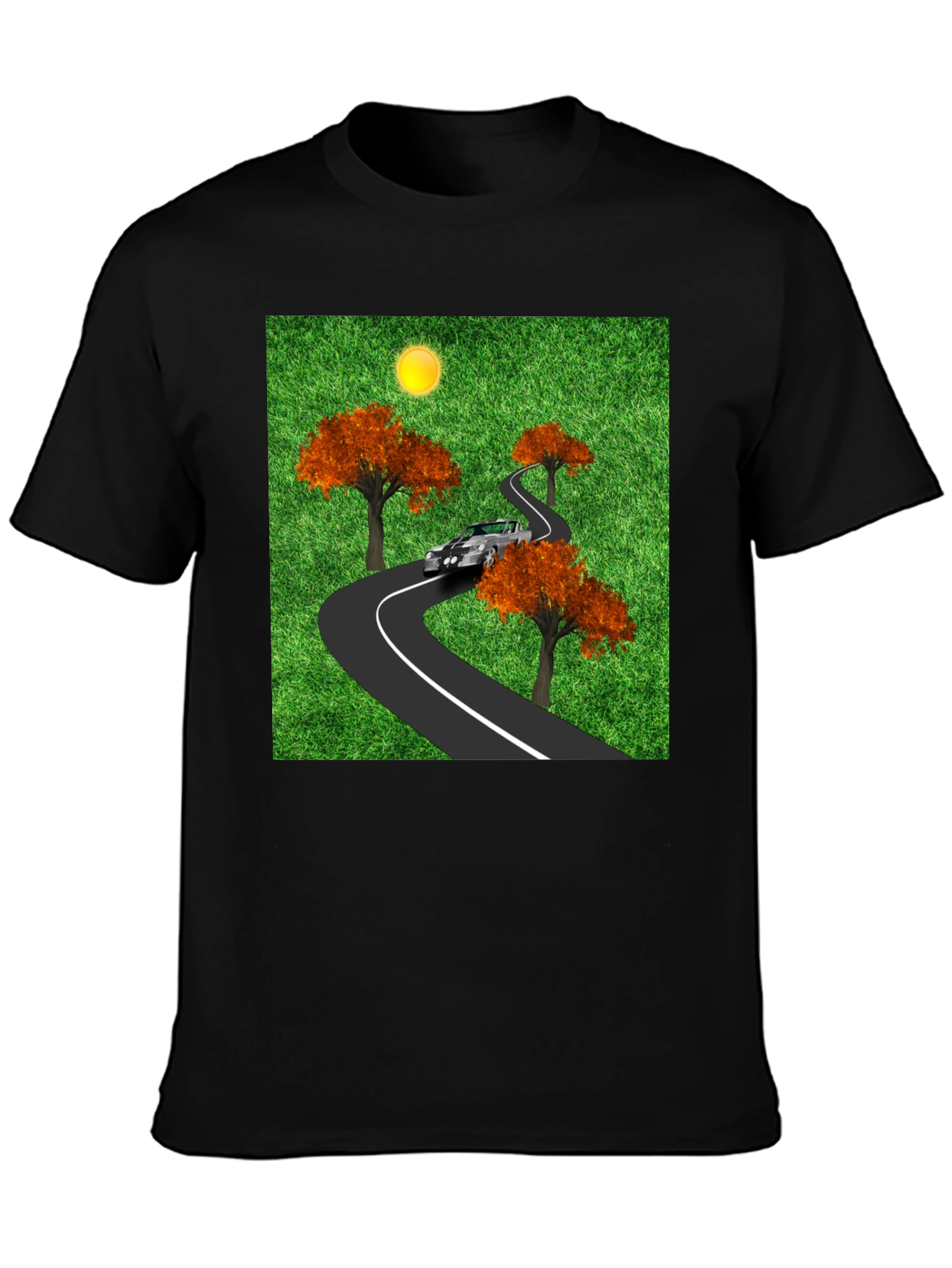 Black Road Trip T-Shirt - Car, Trees, and Scenic Route view 3