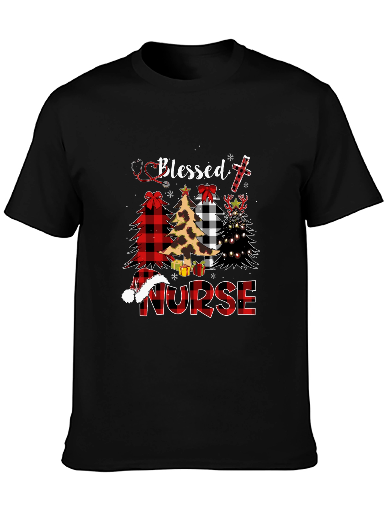 Black Blessed Nurse Christmas Tree Plaid T-Shirt view 3