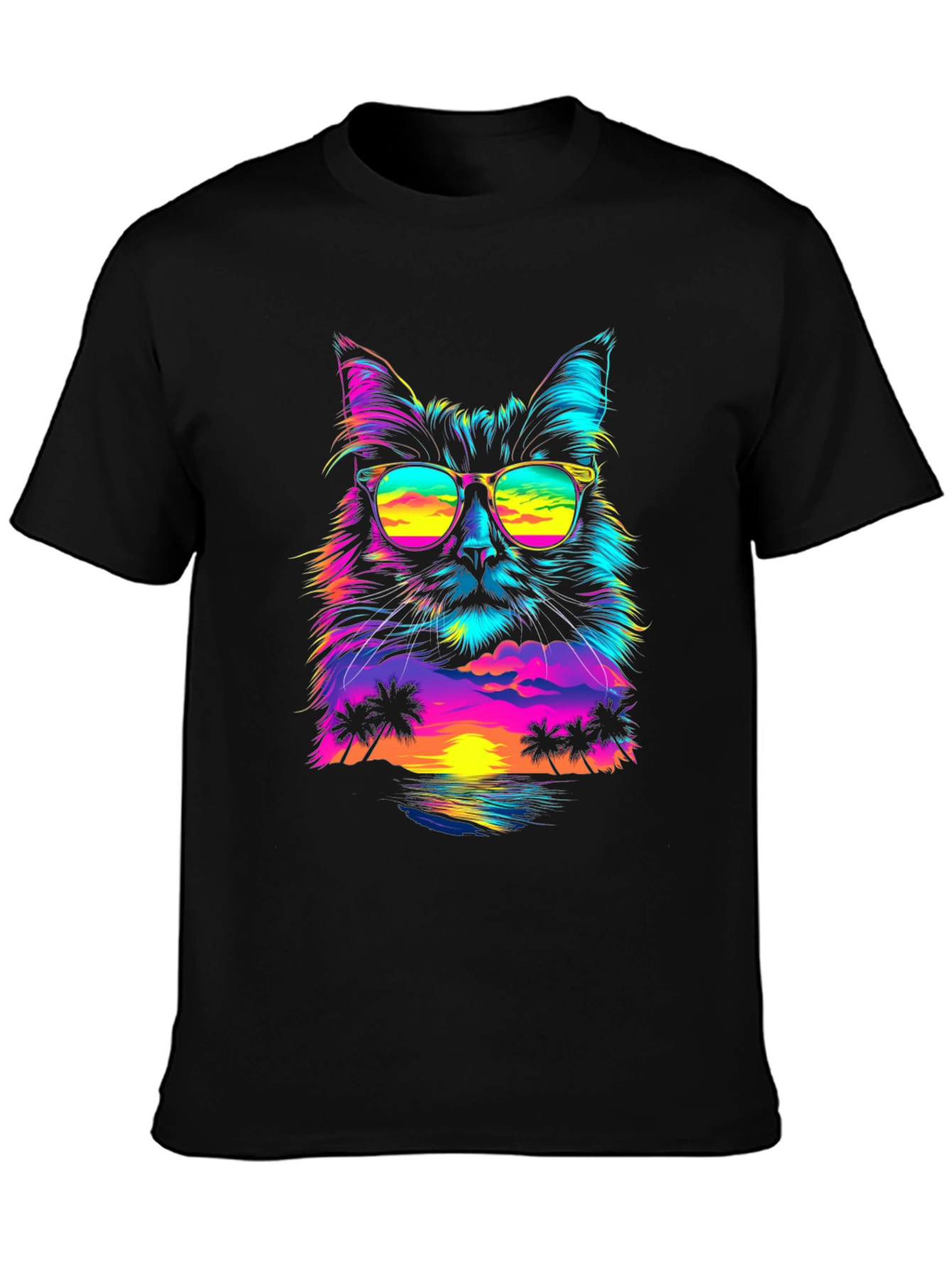 Black Retro Sunset Cat T-Shirt - Vibrant Graphic Tee view 3