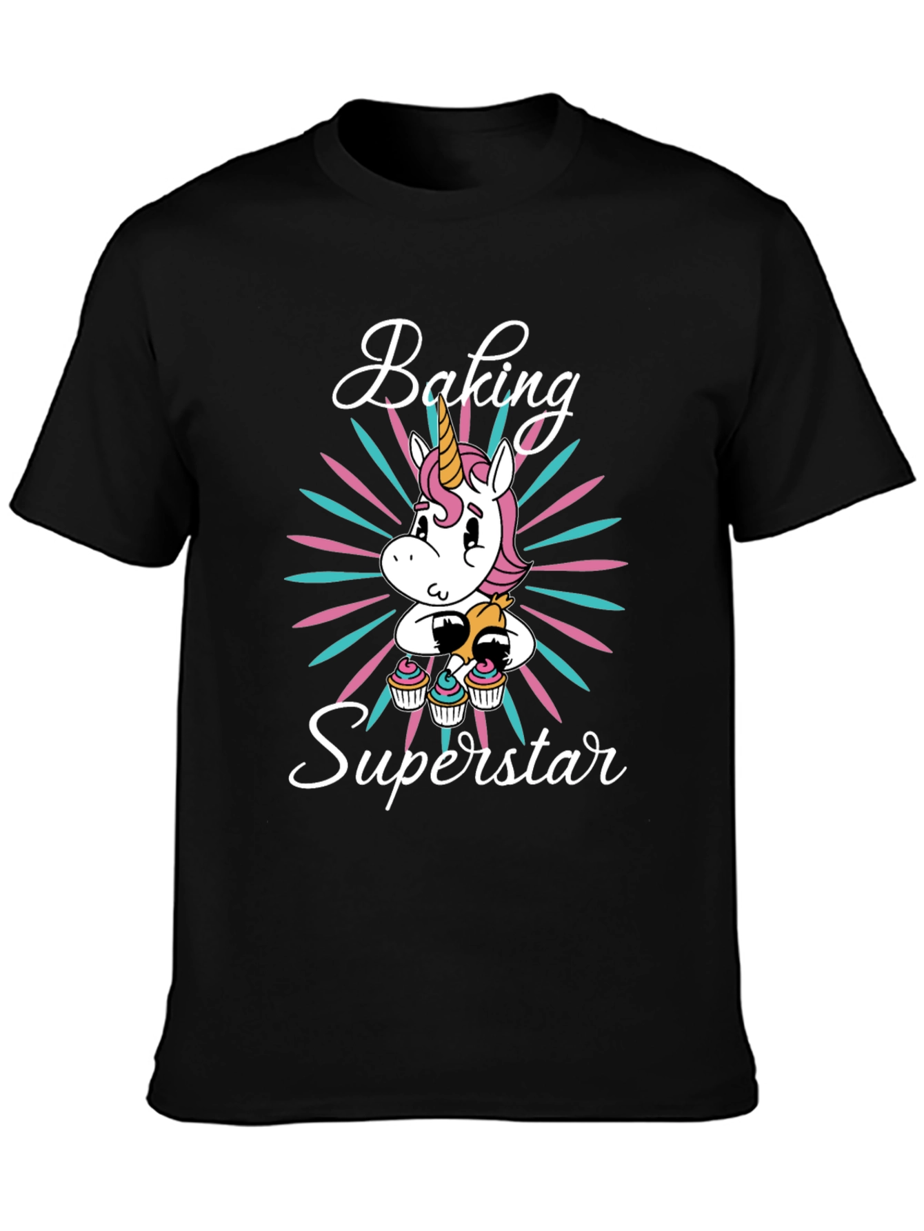 Black Baking Superstar Unicorn Graphic T-Shirt view 3