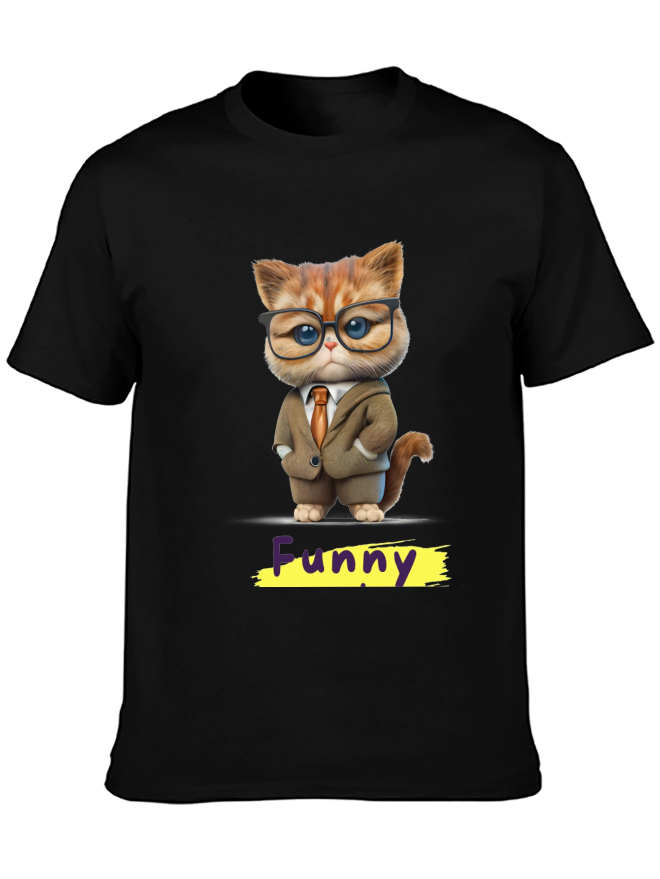 Black Funny Cat in Suit Graphic Tee view 3