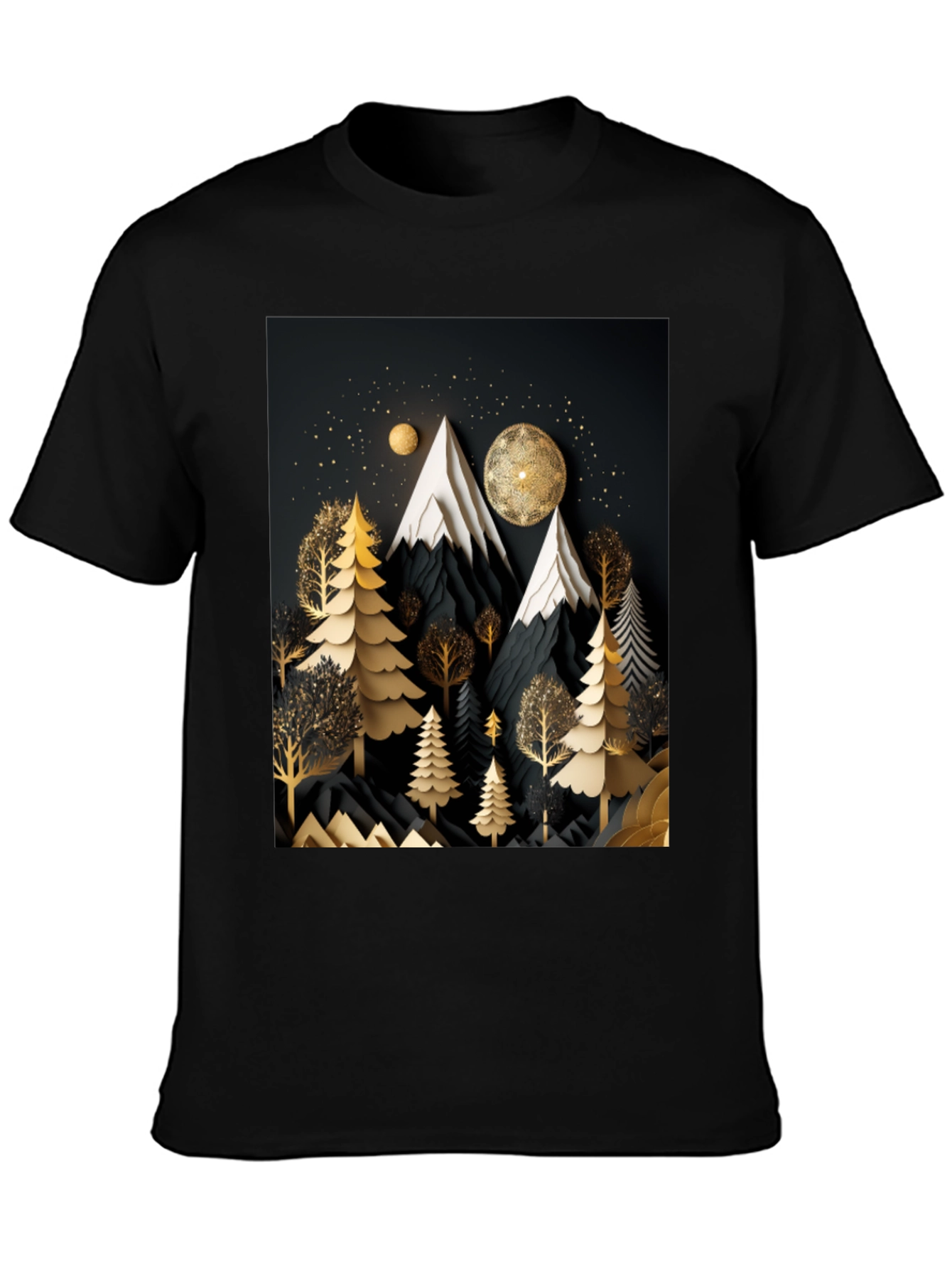 Black Elegant Mountain Forest T-Shirt view 3