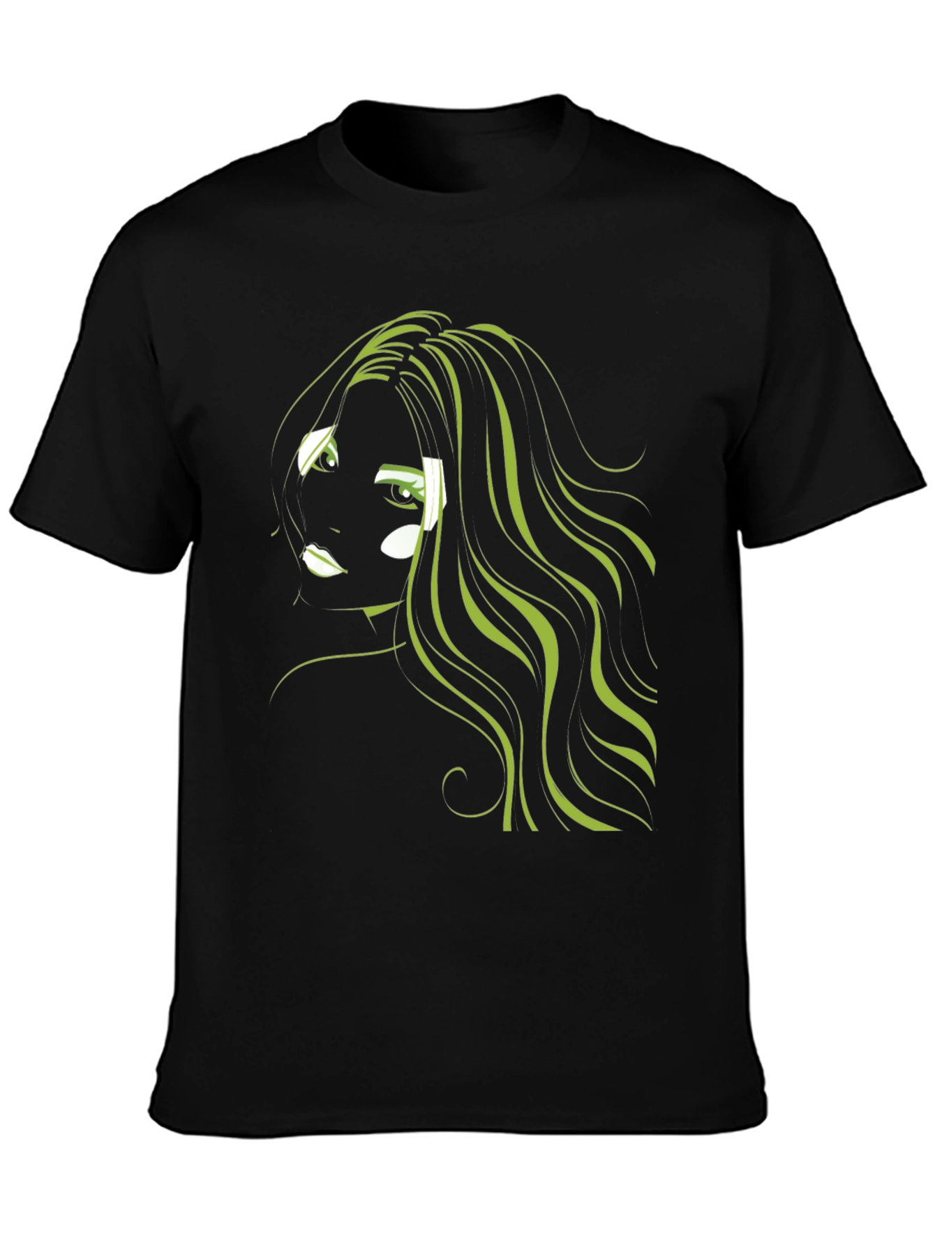 Black Graphic T-Shirt: Green Hair Anime Style view 3