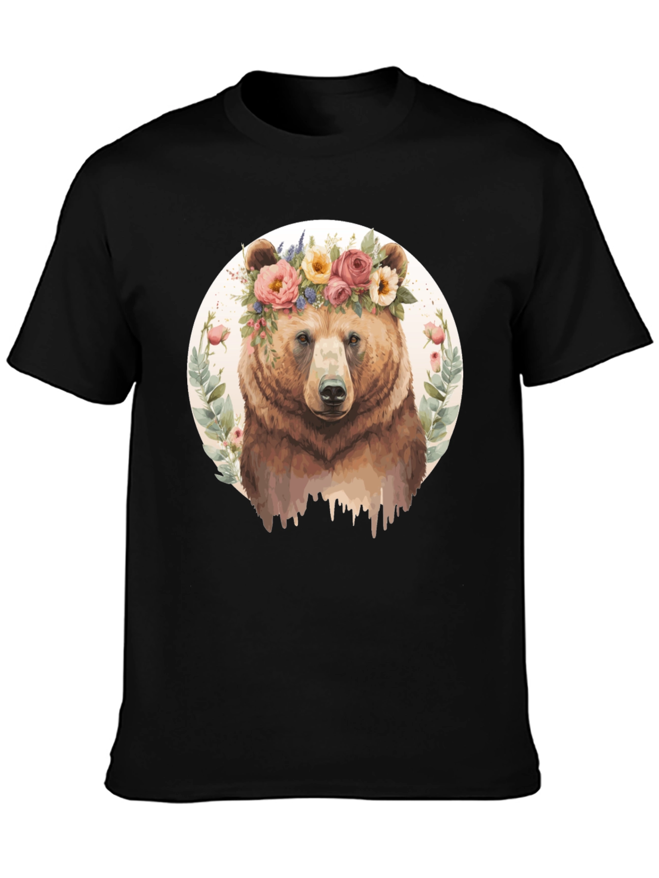 Black Floral Bear Graphic Tee - Men's Black T-Shirt view 3