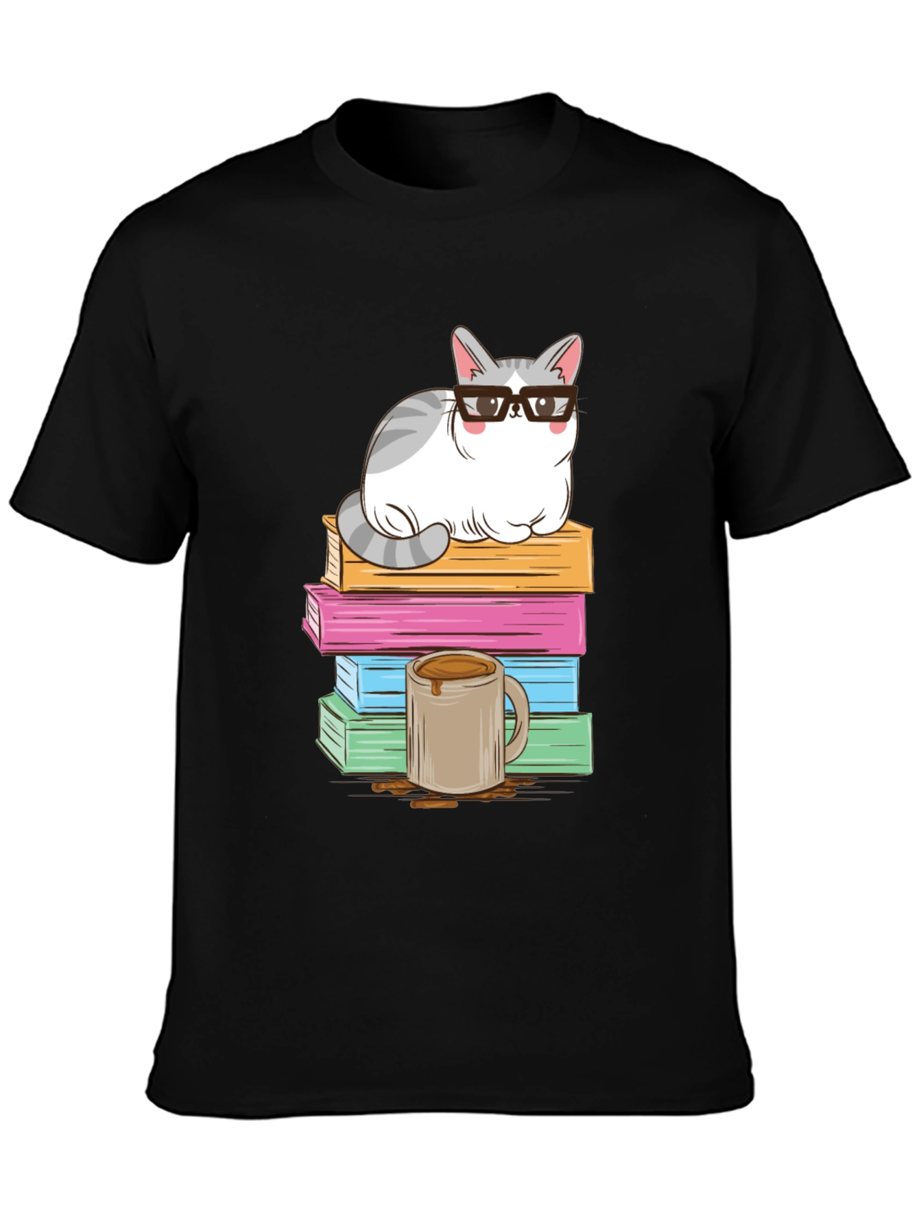 Black Cat with Glasses on Books T-Shirt view 3