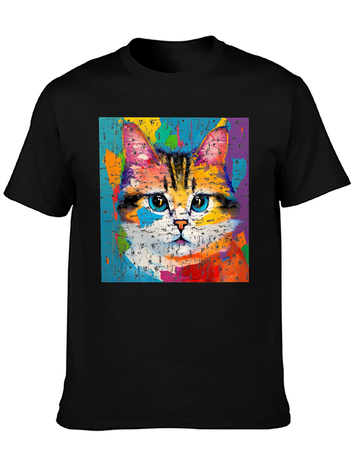 Black Colorful Cat Art T-Shirt view 3