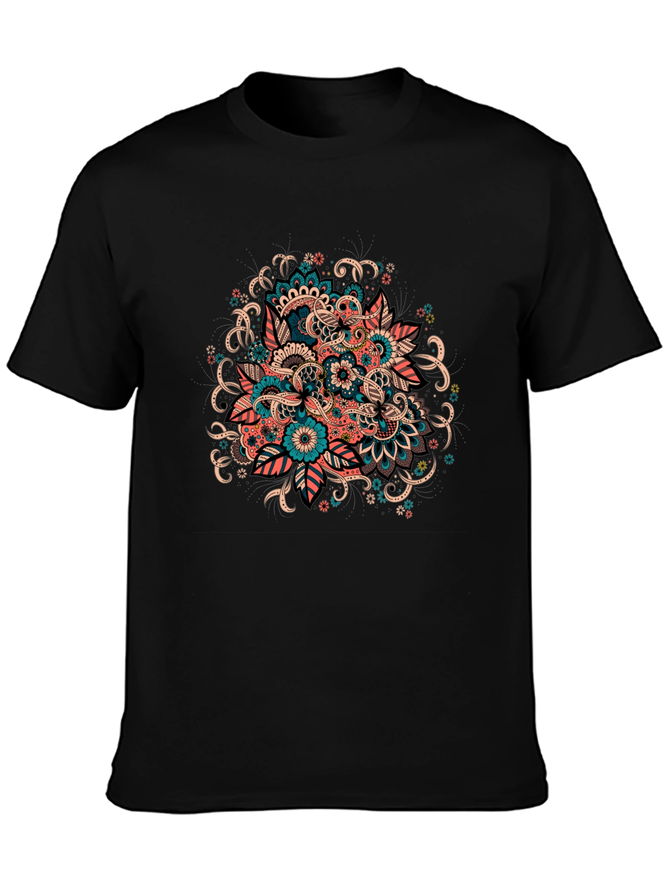 Black Floral Mandala Graphic Tee - Black Cotton T-Shirt view 3