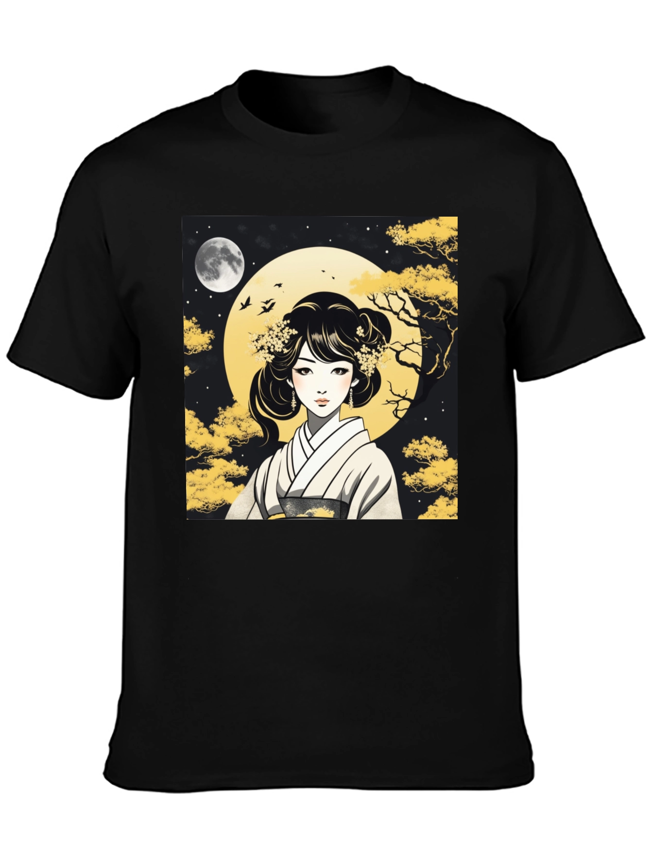 Black Asian Woman T-Shirt - Moonlit Kimono Design view 3
