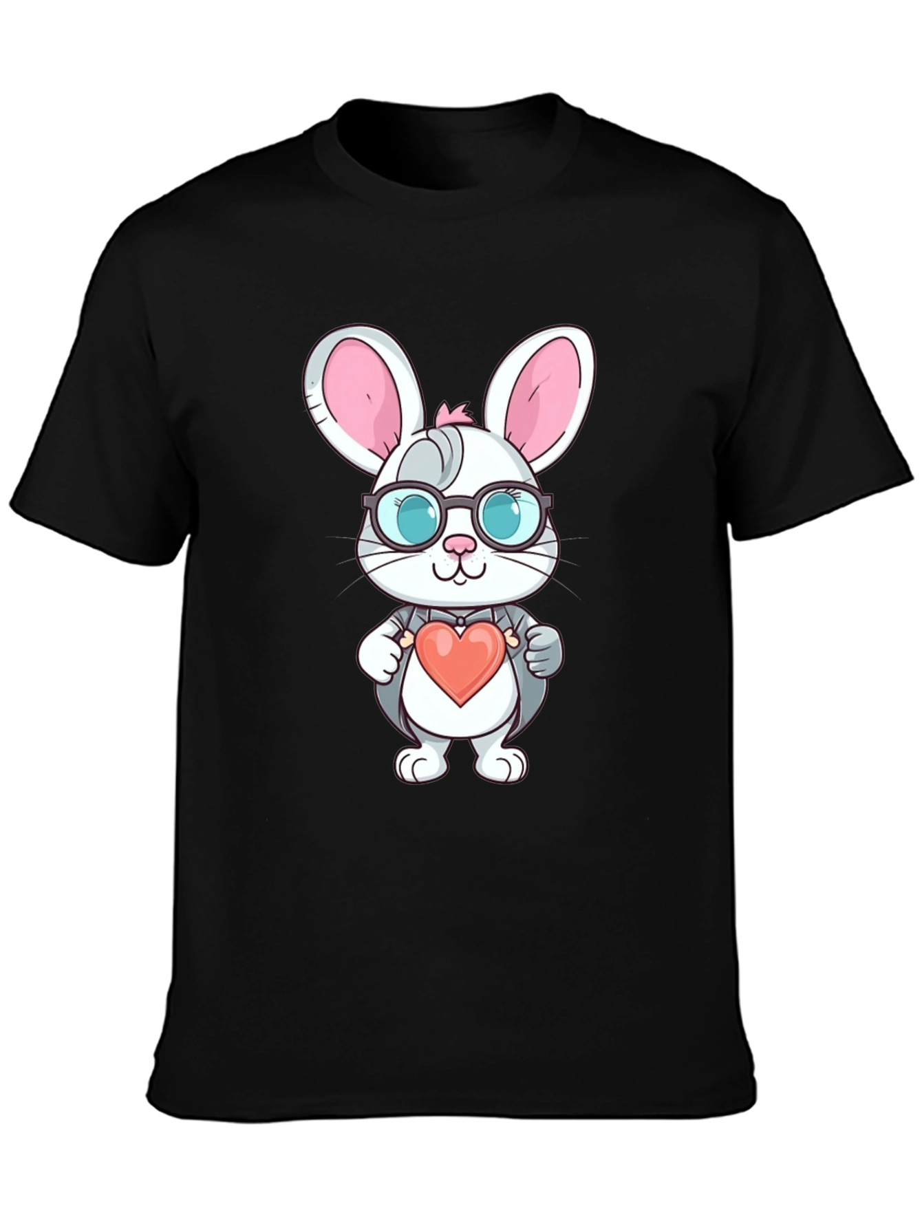 Cute Bunny Heart Valentine's Black T-Shirt - 3