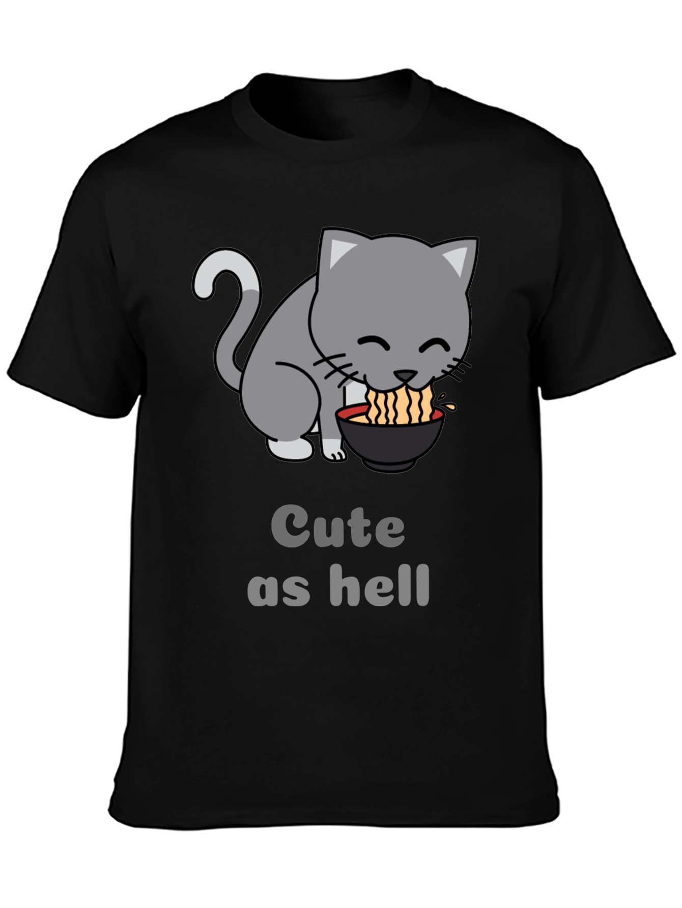 Black Cute Cat Ramen T-Shirt - Funny Anime Style Tee view 3