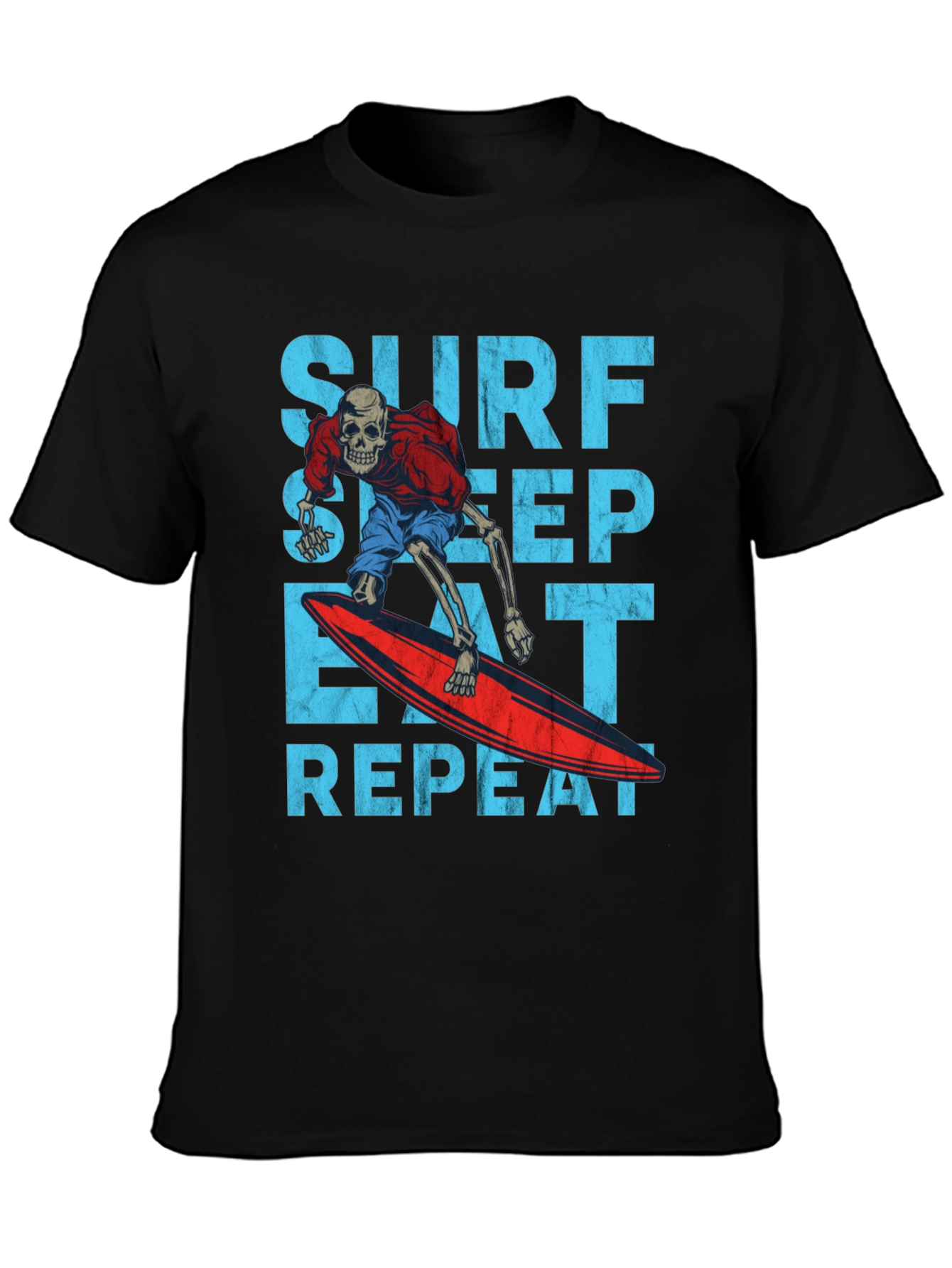 Black Surf Sleep Eat Repeat Skeleton Surfer Graphic Tee view 3