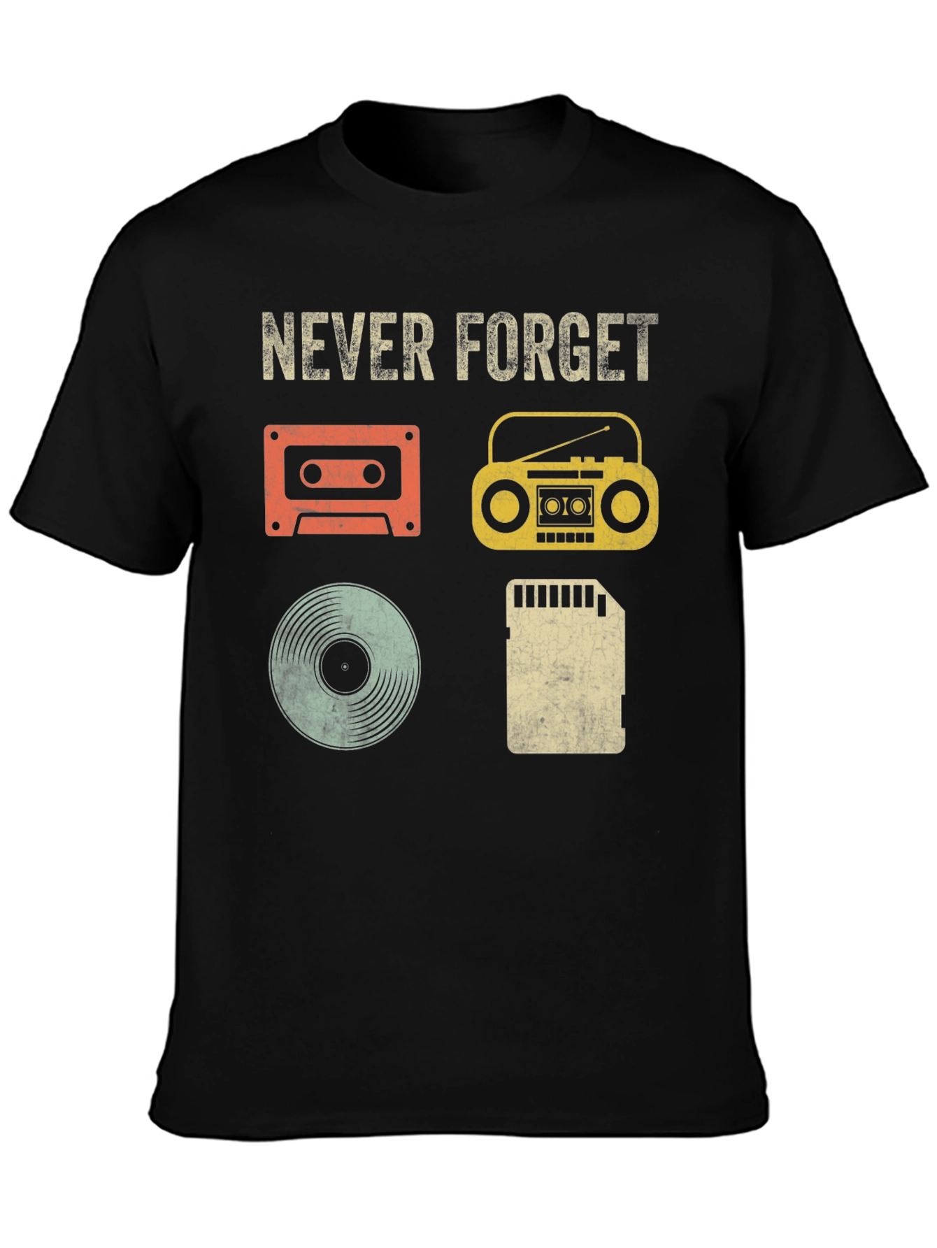 Black Retro Music T-Shirt - Never Forget Media Evolution view 3
