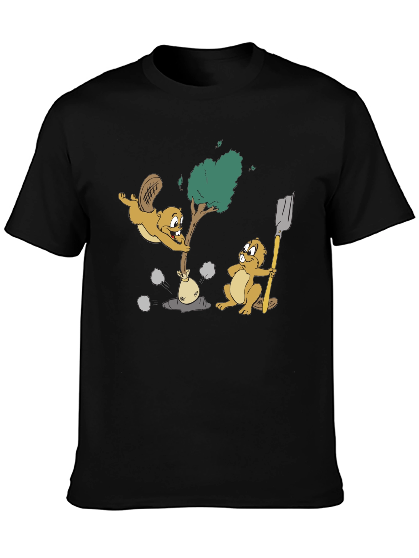 Black Funny Beaver Cartoon Graphic T-Shirt view 3