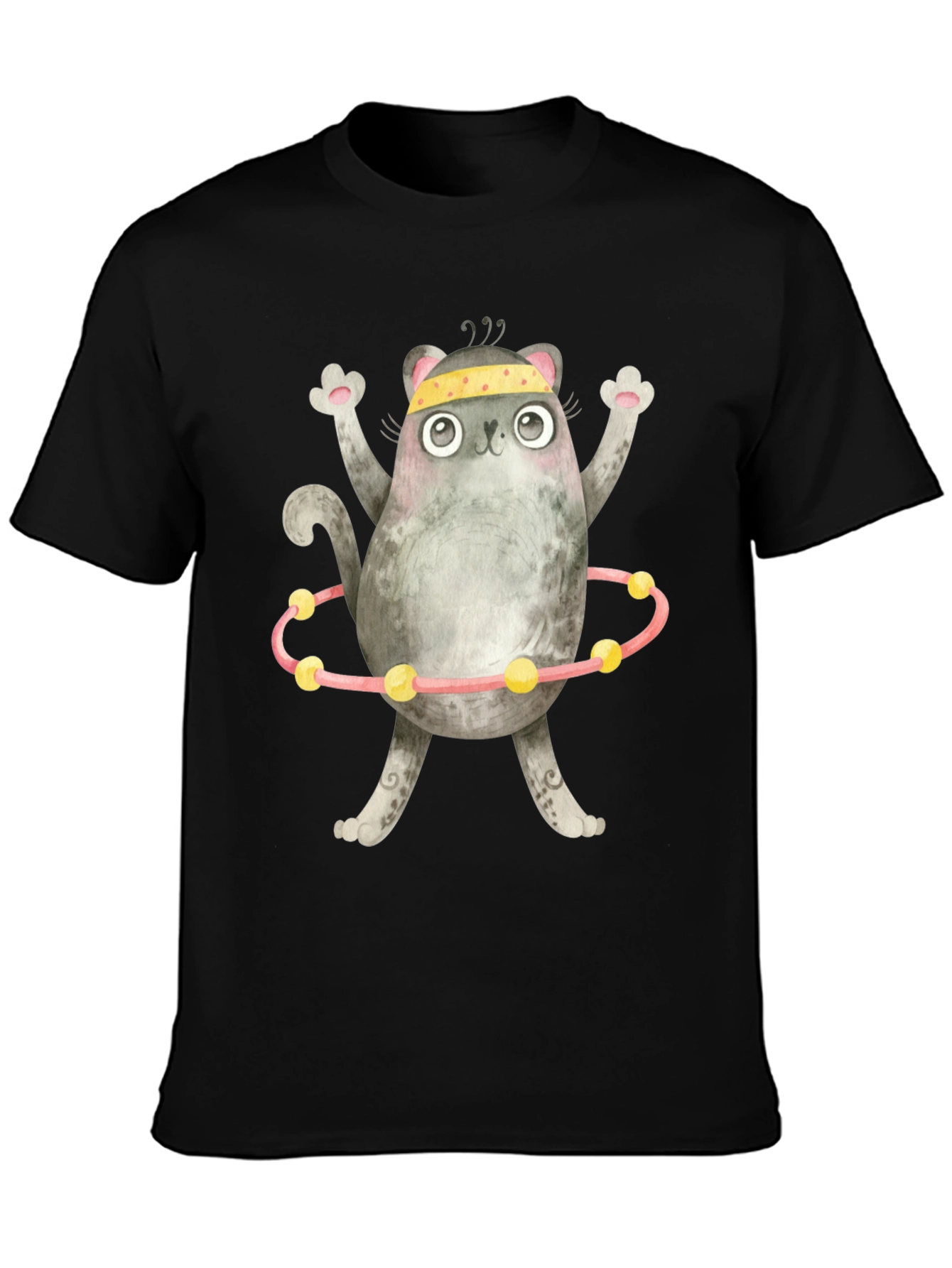 Black Funny Cat Hula Hoop Black T-Shirt view 3