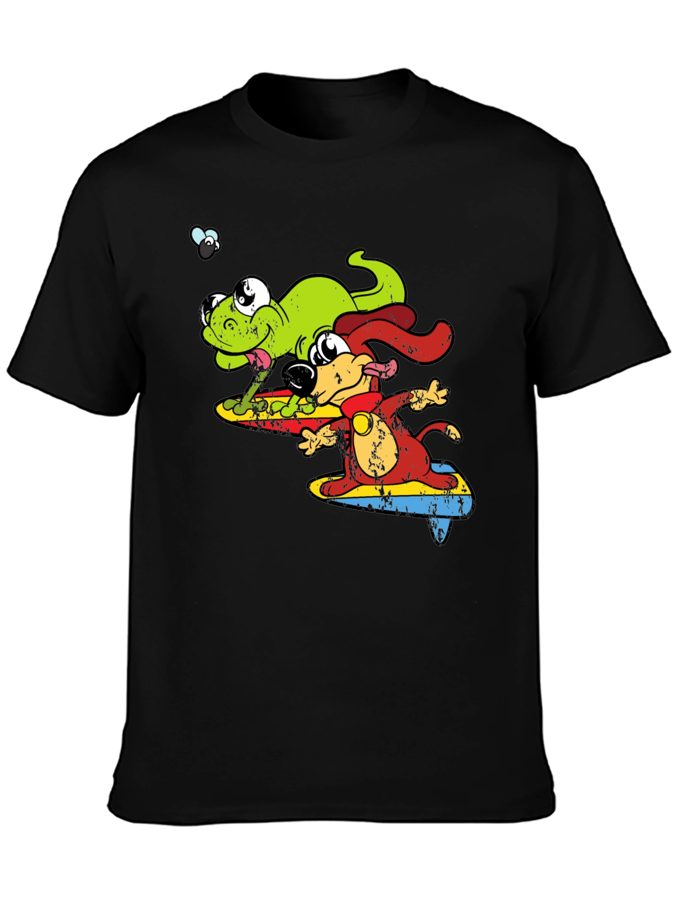 Black Cartoon Dog and Lizard Surfing Black T-Shirt view 3