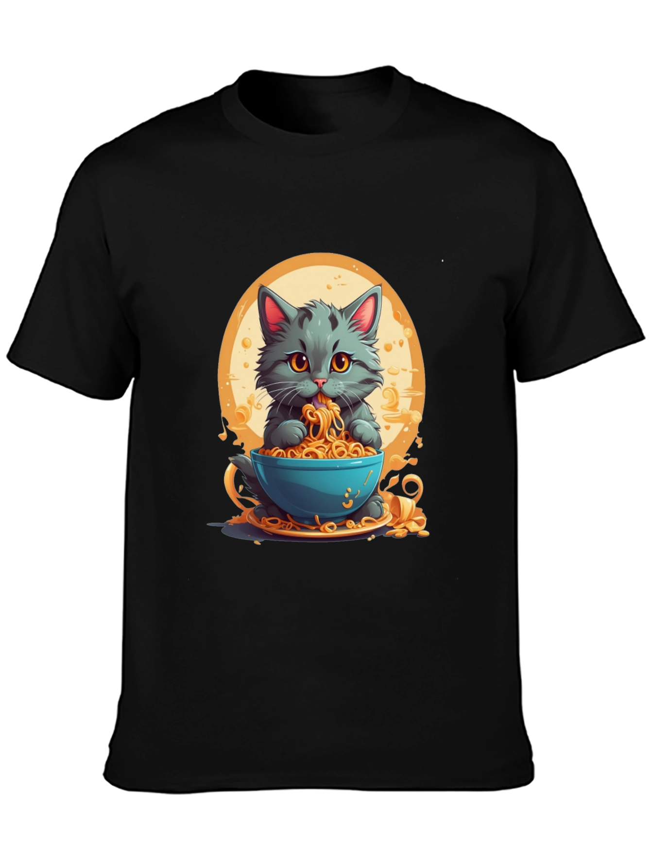 Black Cat Eating Noodles Graphic T-Shirt view 3