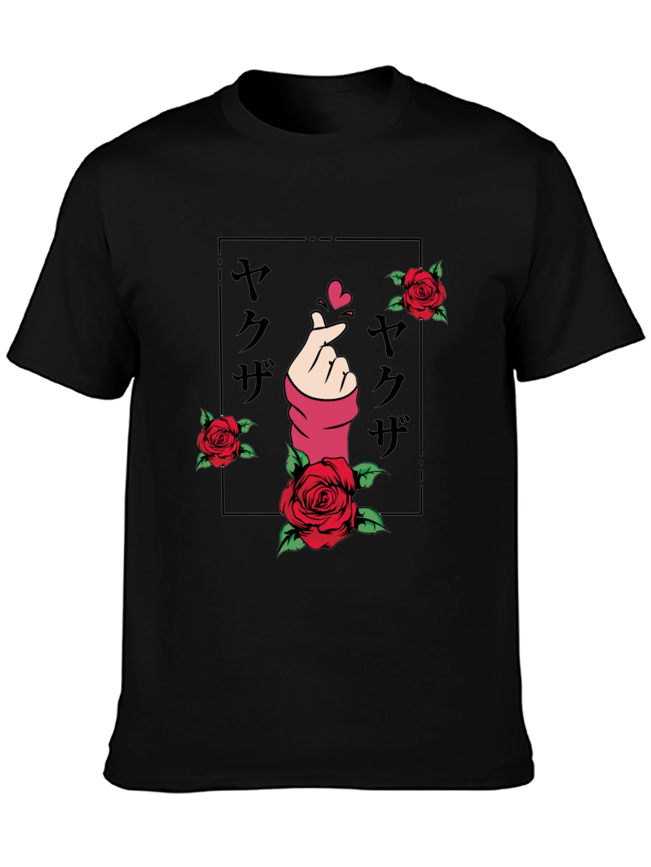 Black Finger Heart & Roses Graphic T-Shirt view 3