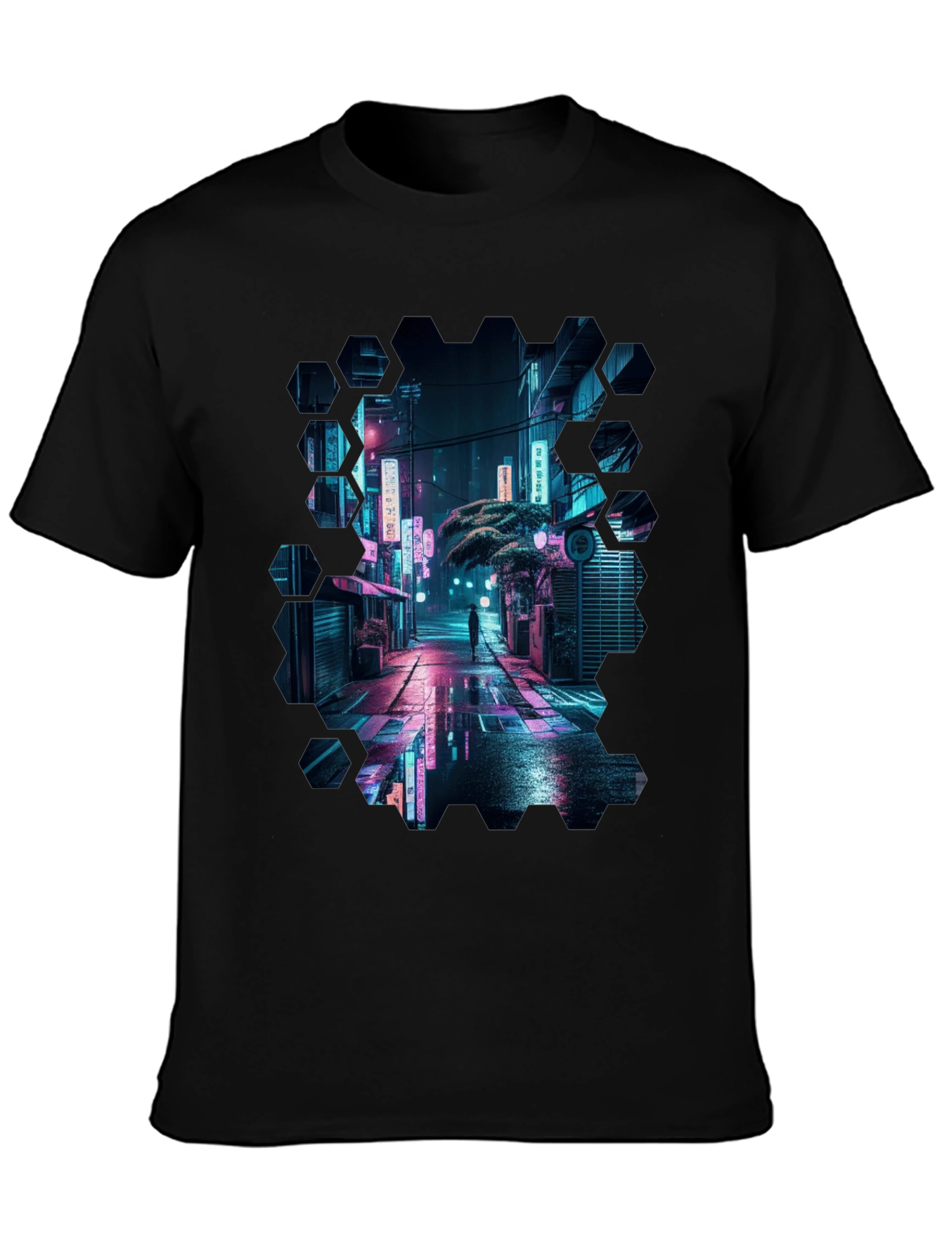 Black Cyberpunk Cityscape Black T-Shirt view 3