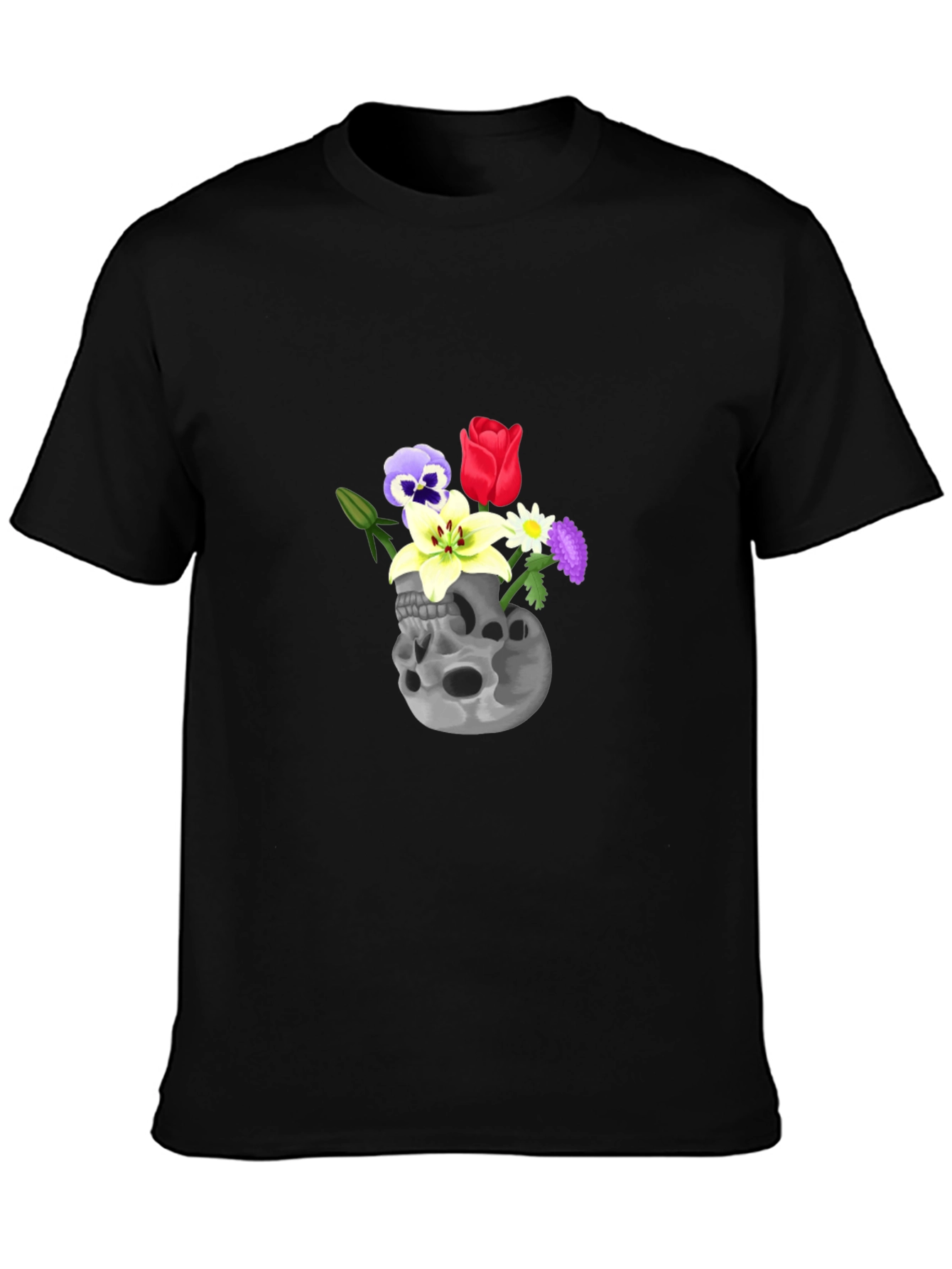 Black Skull & Flowers Graphic Tee - Black Cotton T-Shirt view 3