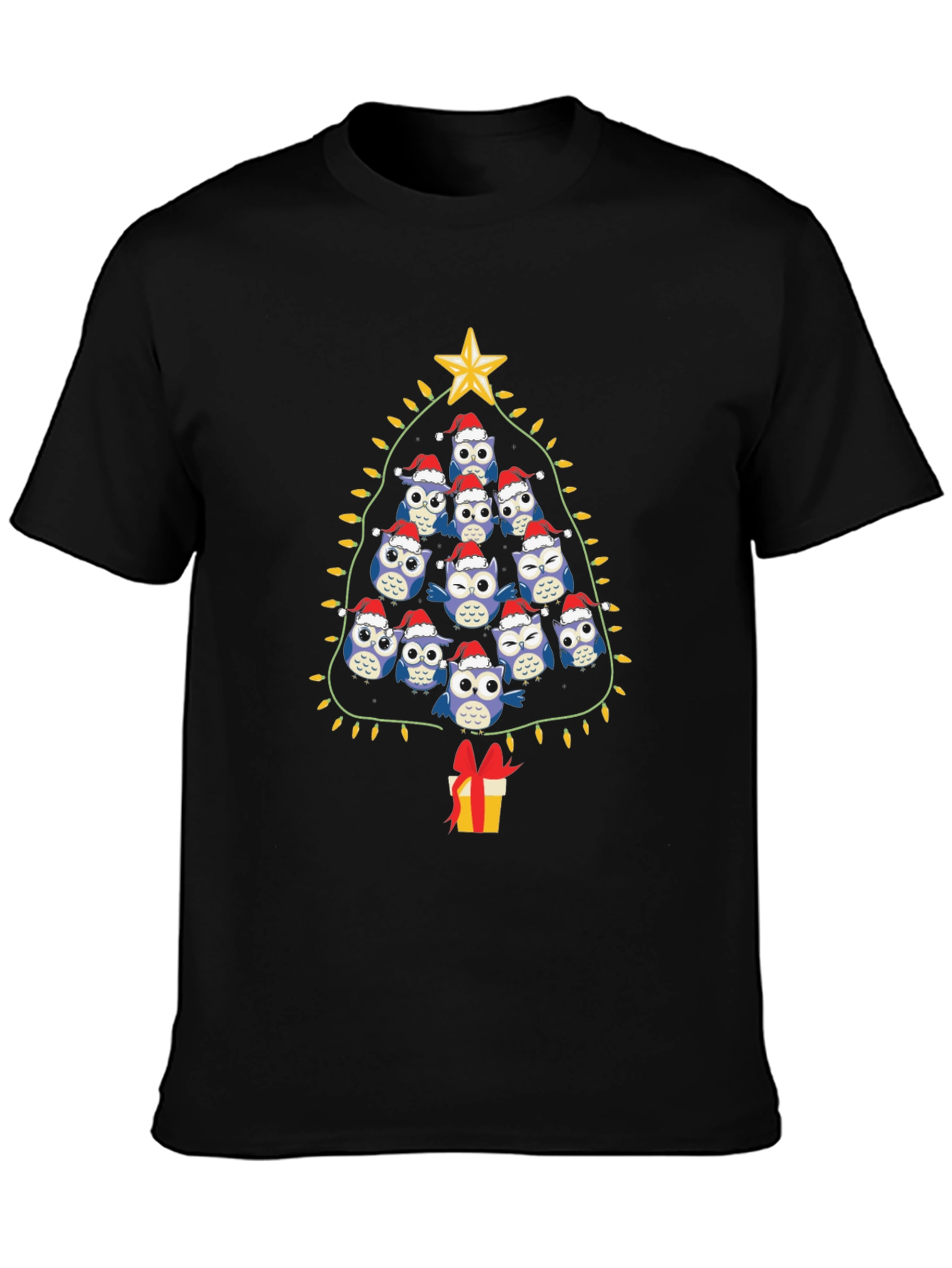 Black Festive Owl Christmas Tree T-Shirt view 3