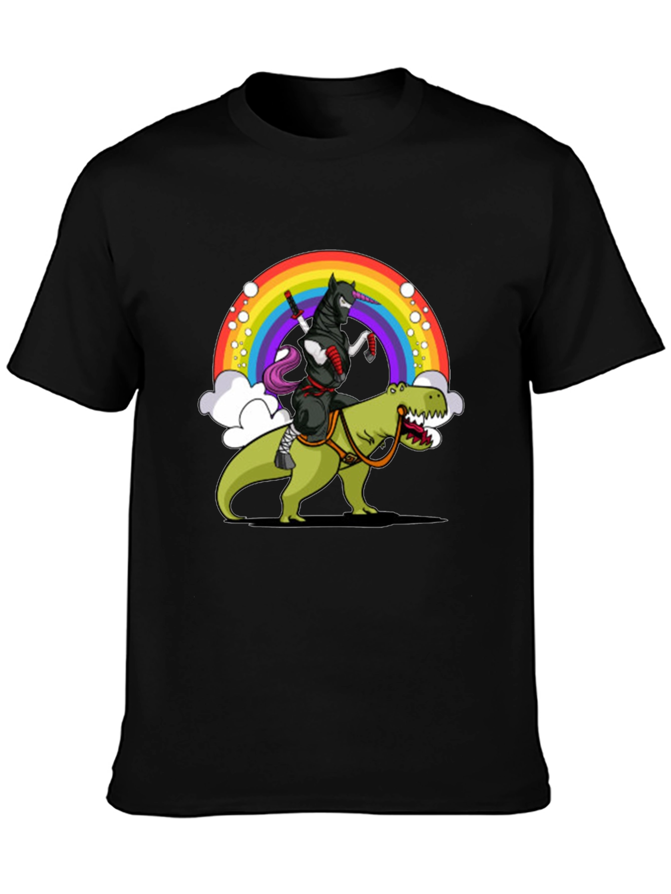 Black Ninja Unicorn Riding Dinosaur Rainbow T-Shirt view 3