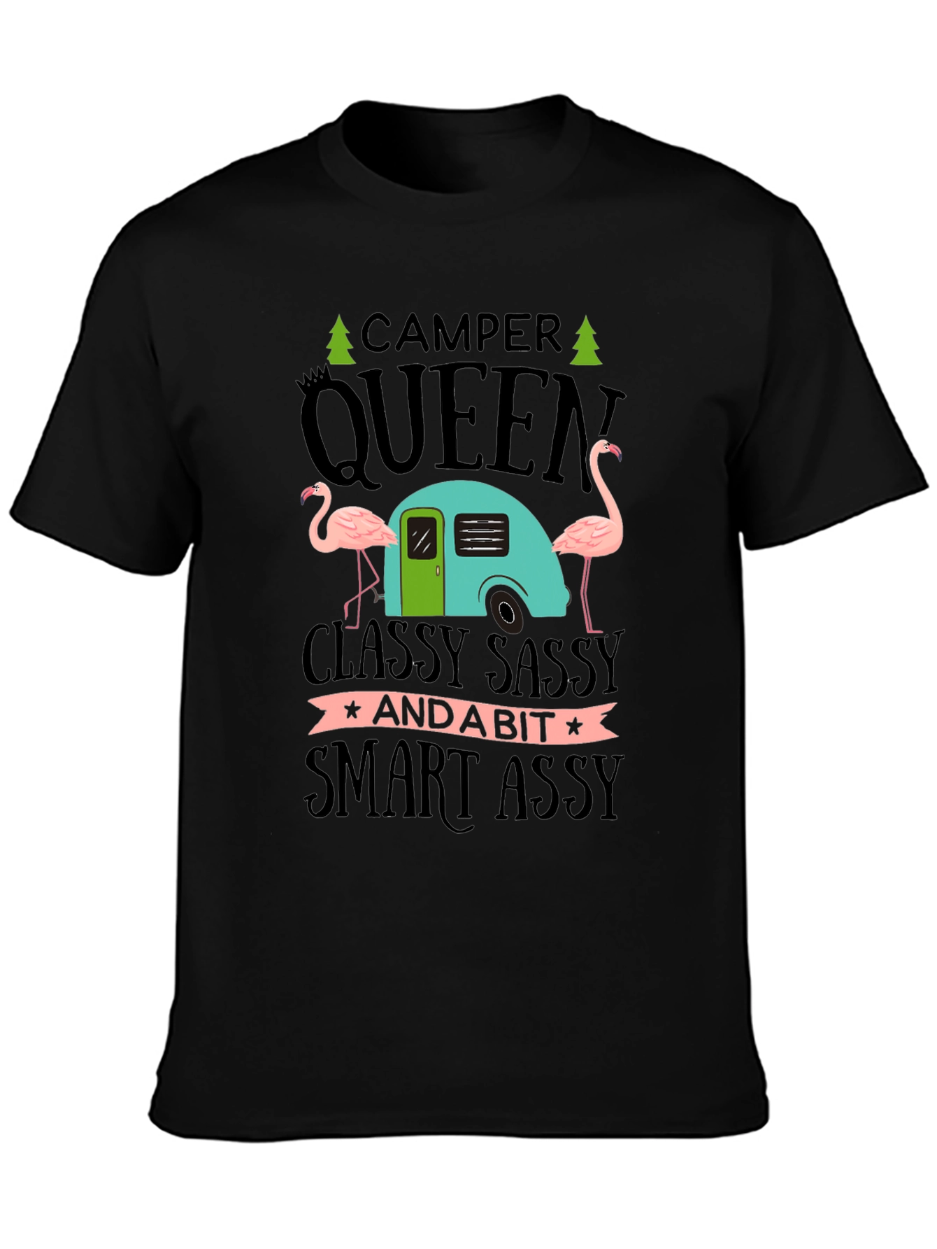 Black Camper Queen Flamingo Graphic T-Shirt view 3
