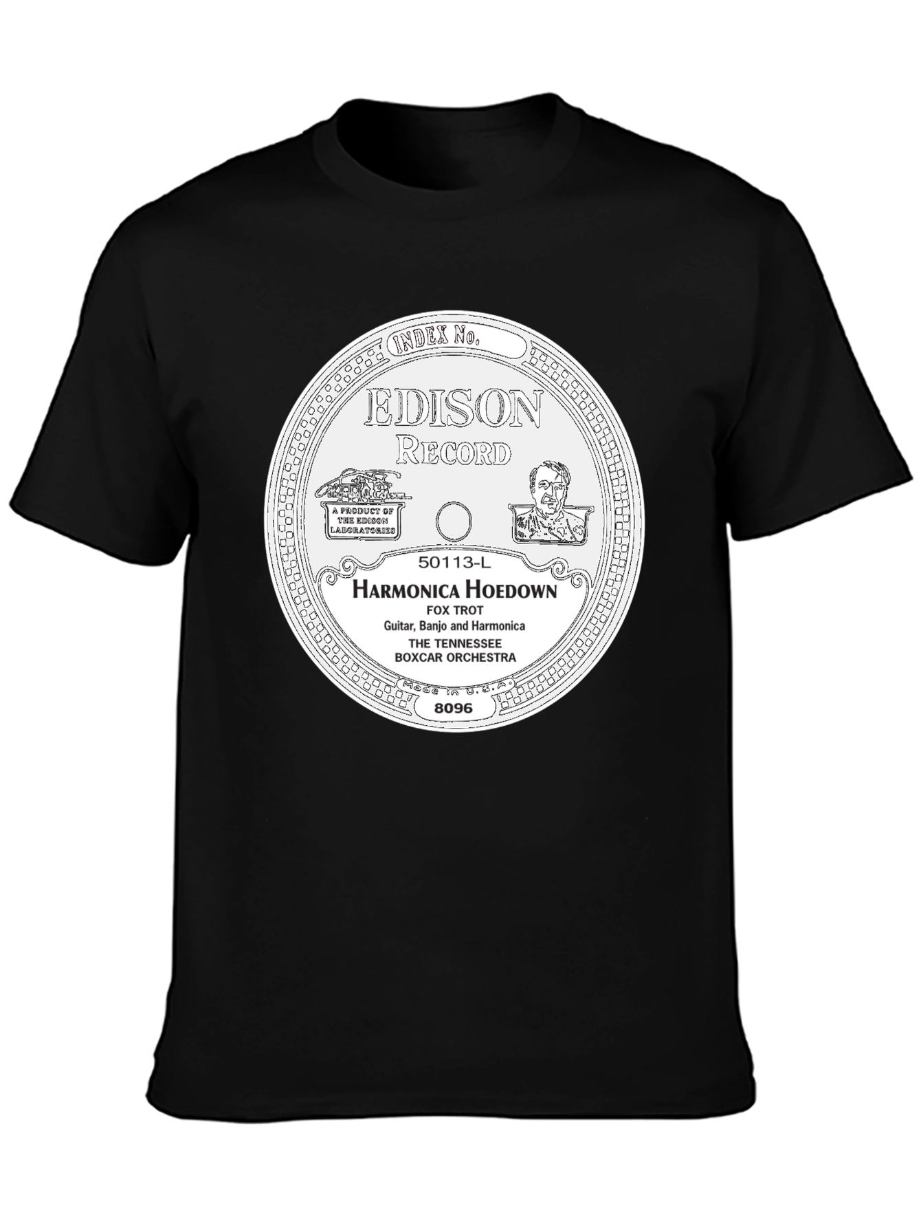 Black Edison Record Harmonica Hoedown T-Shirt view 3