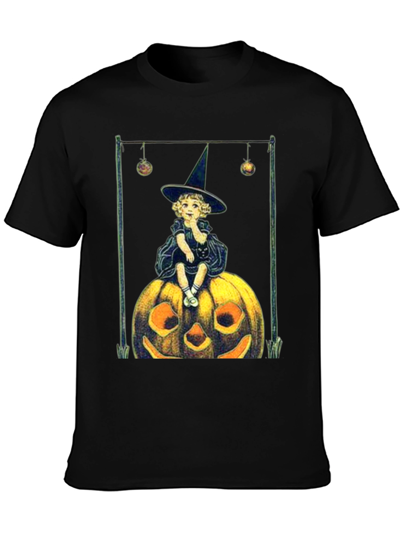 Black Vintage Witch on Pumpkin Halloween Tee view 3