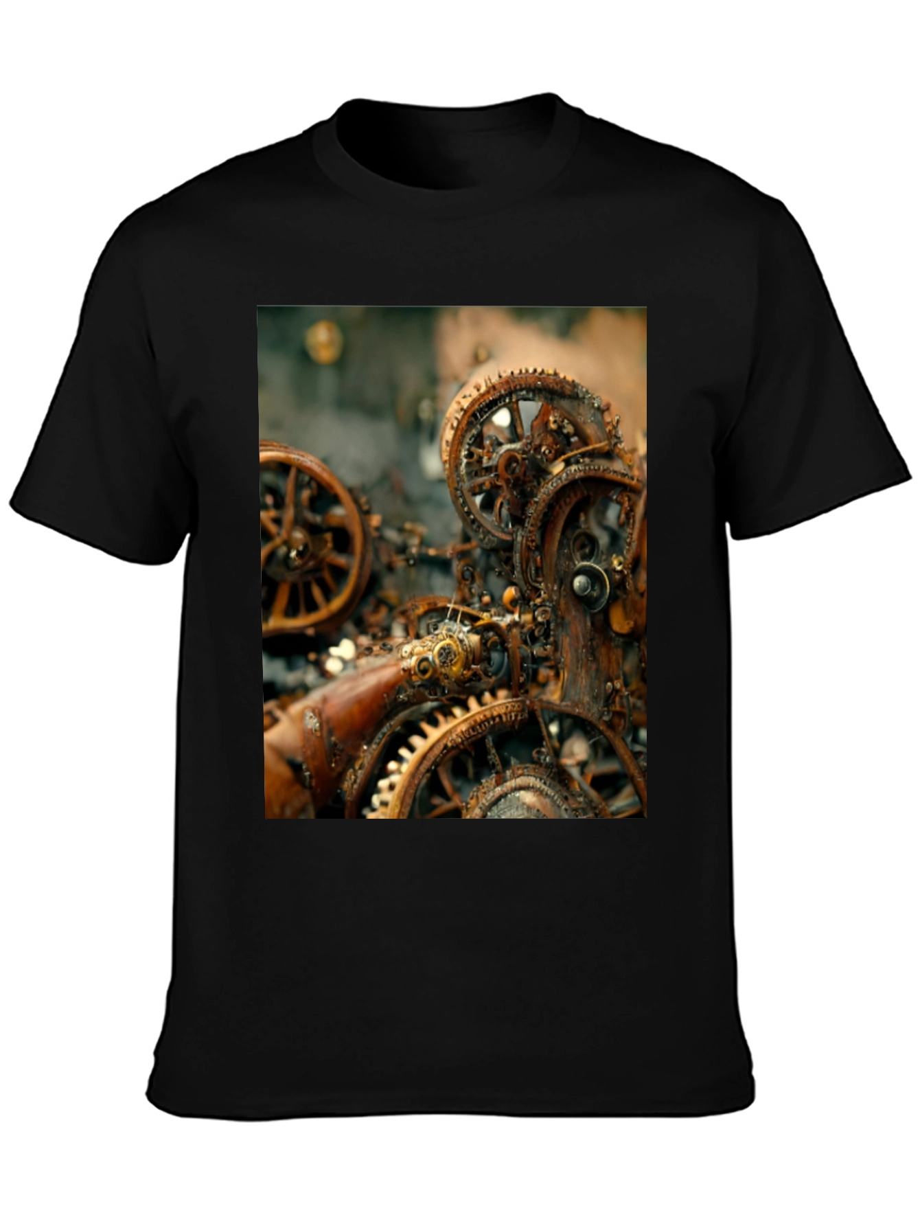 Black Steampunk Gears Graphic Tee - Black Cotton T-Shirt view 3