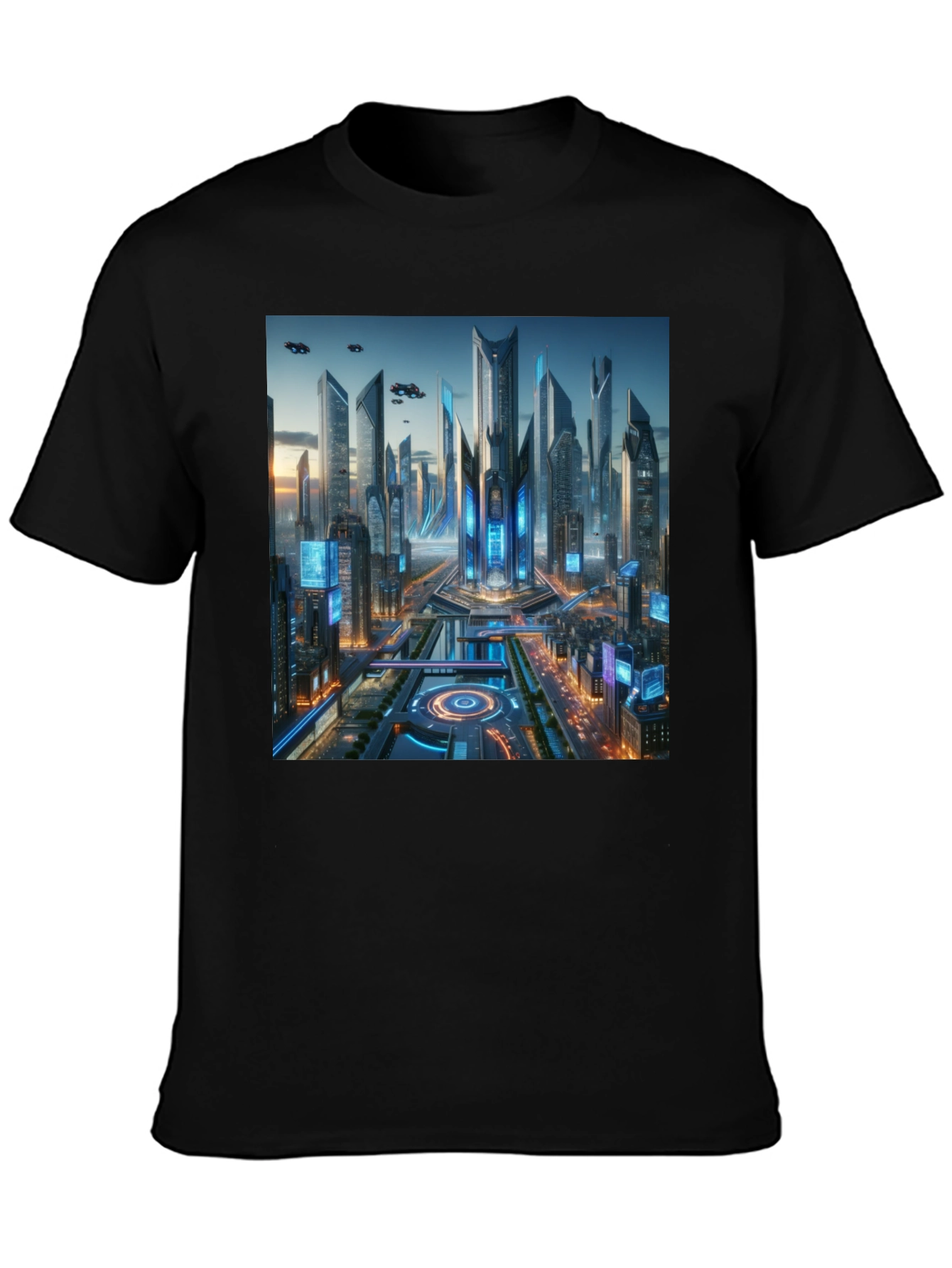 Black Futuristic Cityscape Graphic Black T-Shirt view 3