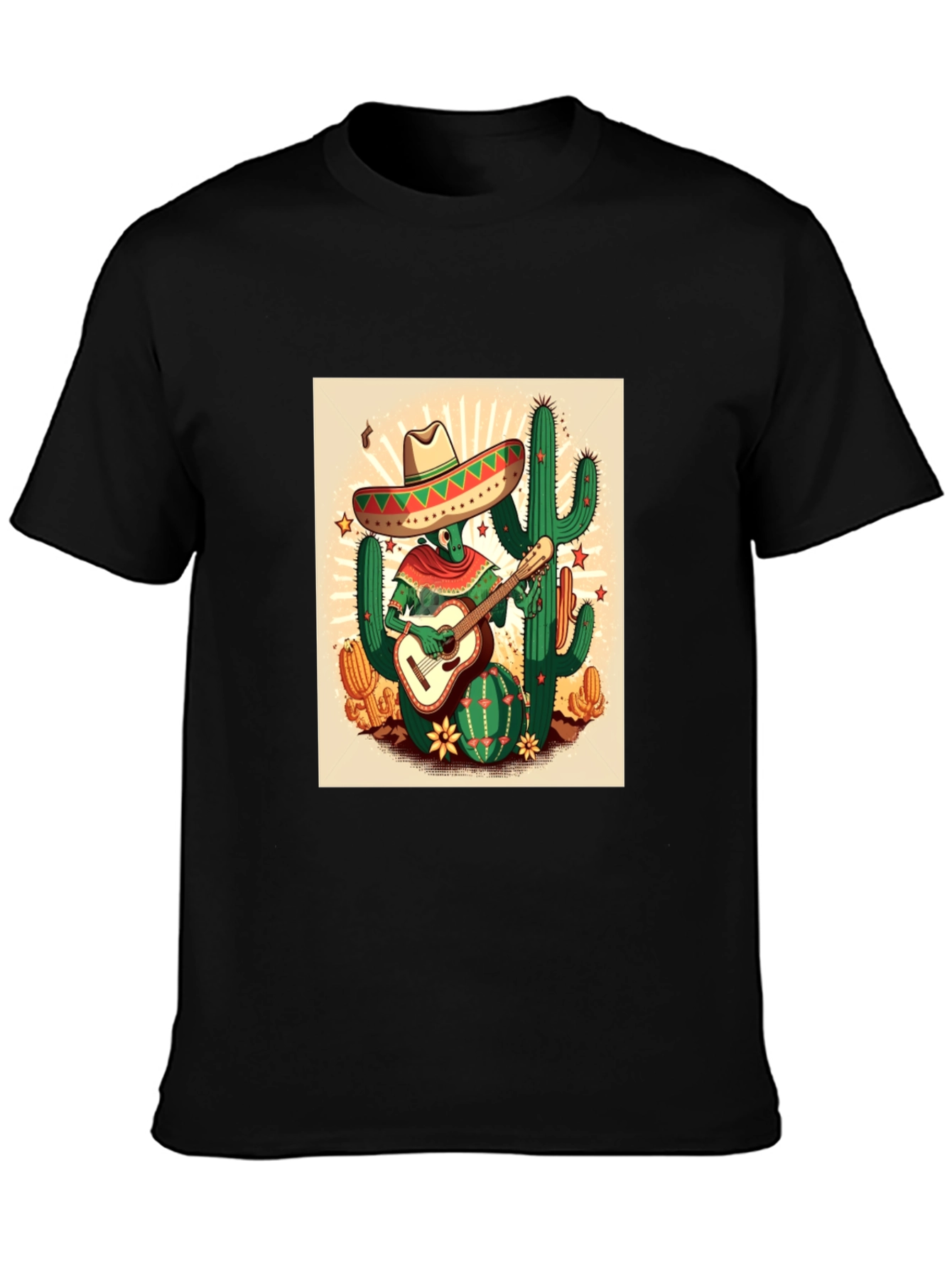 Black Cactus Guitarist Graphic Tee - Men's Black T-Shirt view 3