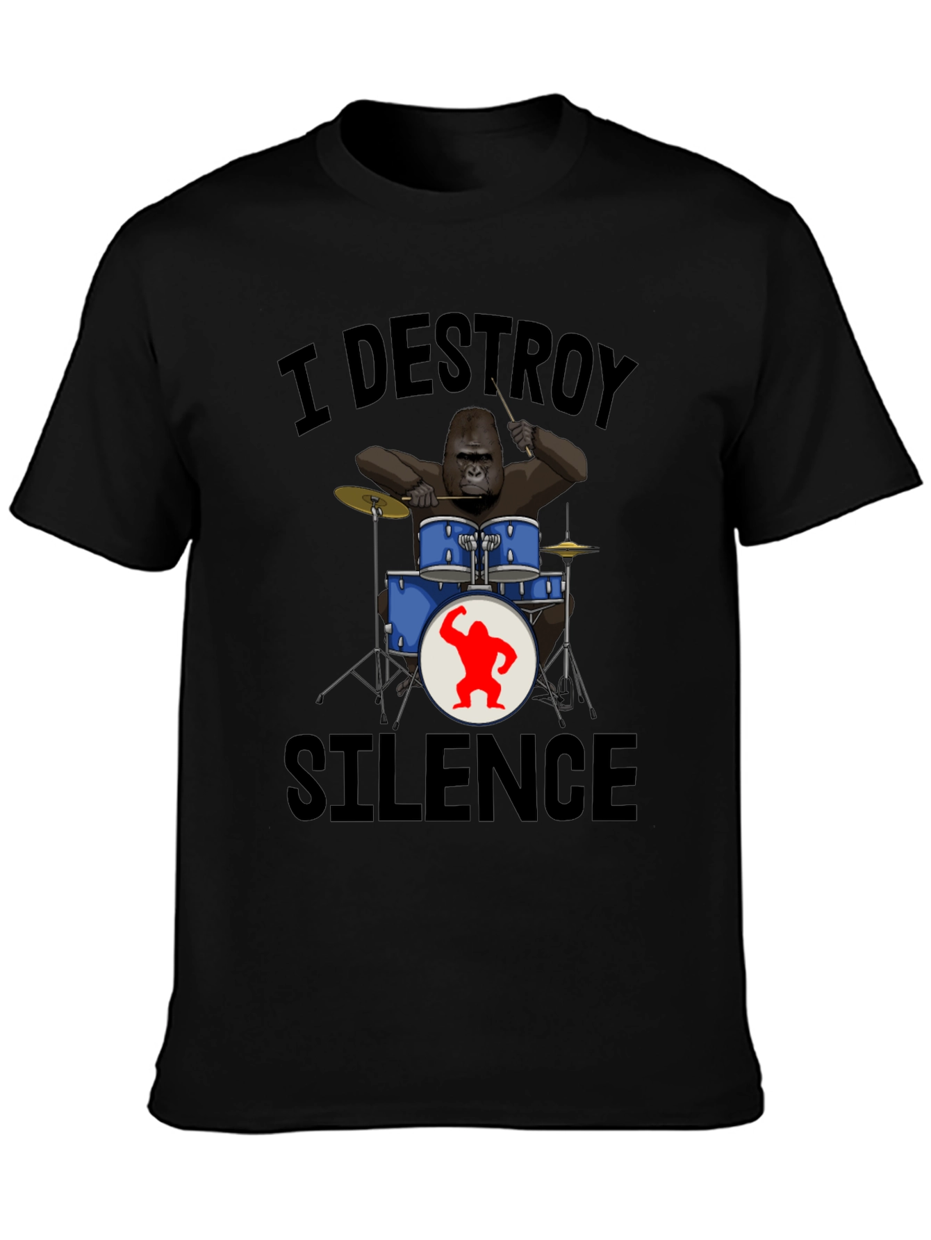 Black I Destroy Silence Gorilla Drummer T-Shirt view 3