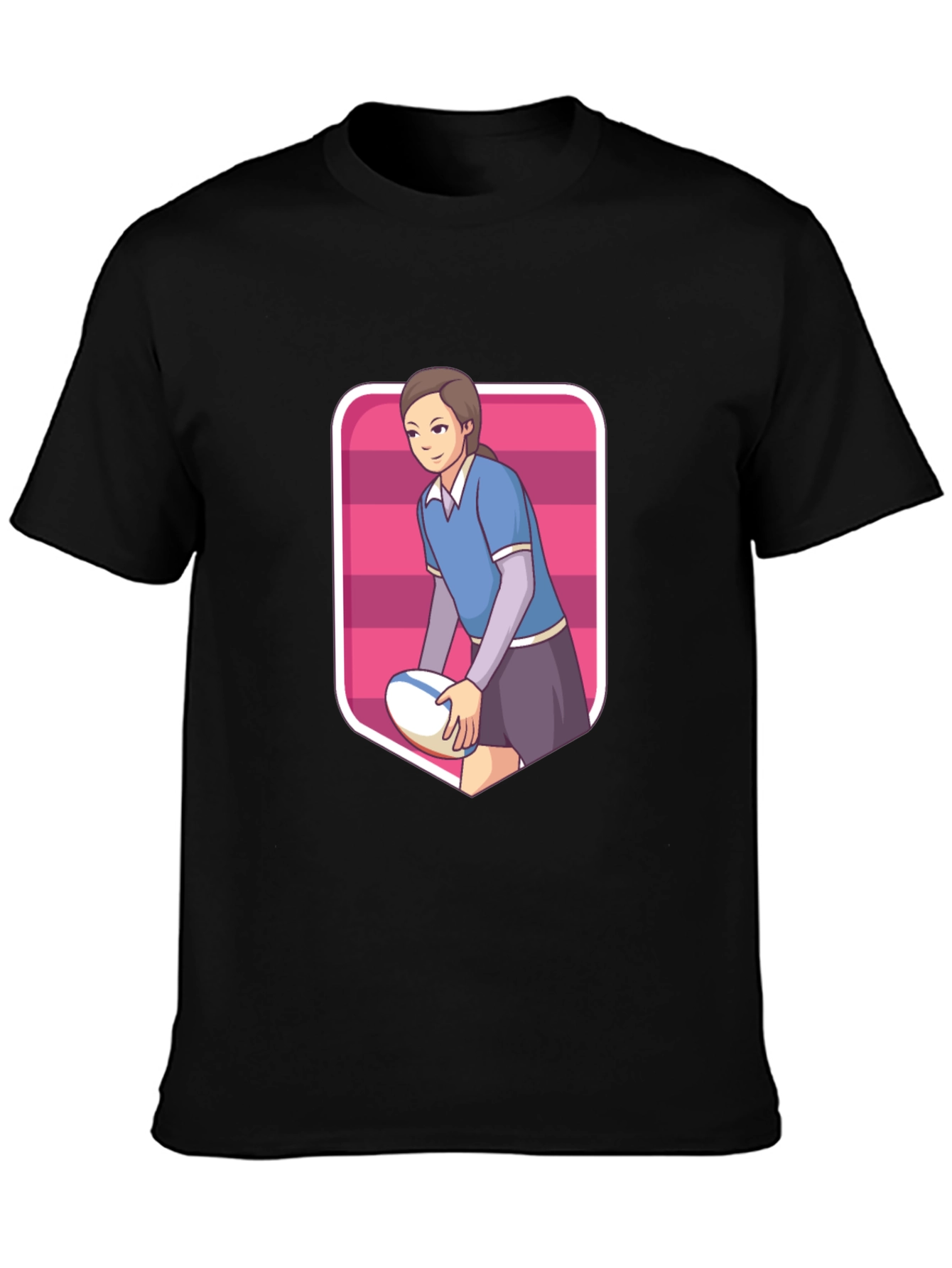 Black Rugby Girl Graphic Tee - Sporty Cartoon Style view 3