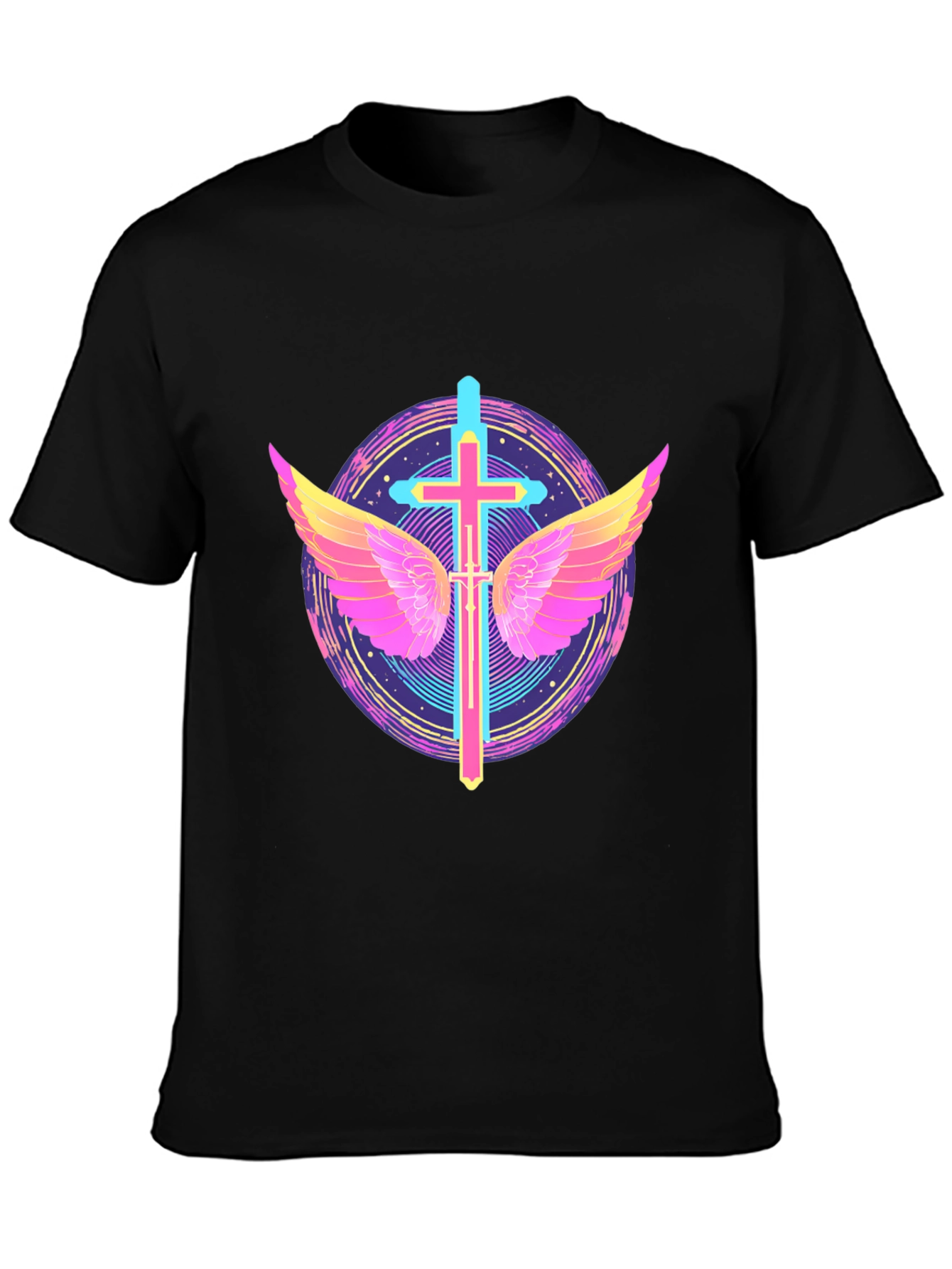 Black Neon Cross & Wings Graphic Black T-Shirt view 3